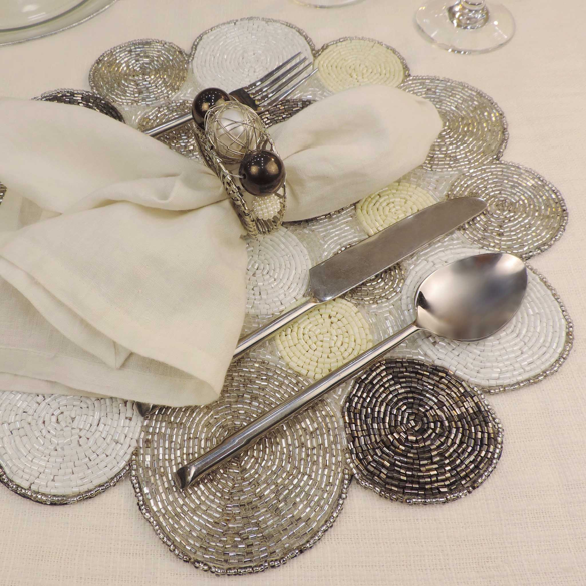 Smokey Dot Glass Beaded Embroidered Placemat in Silver Smoke, Set of 2/4