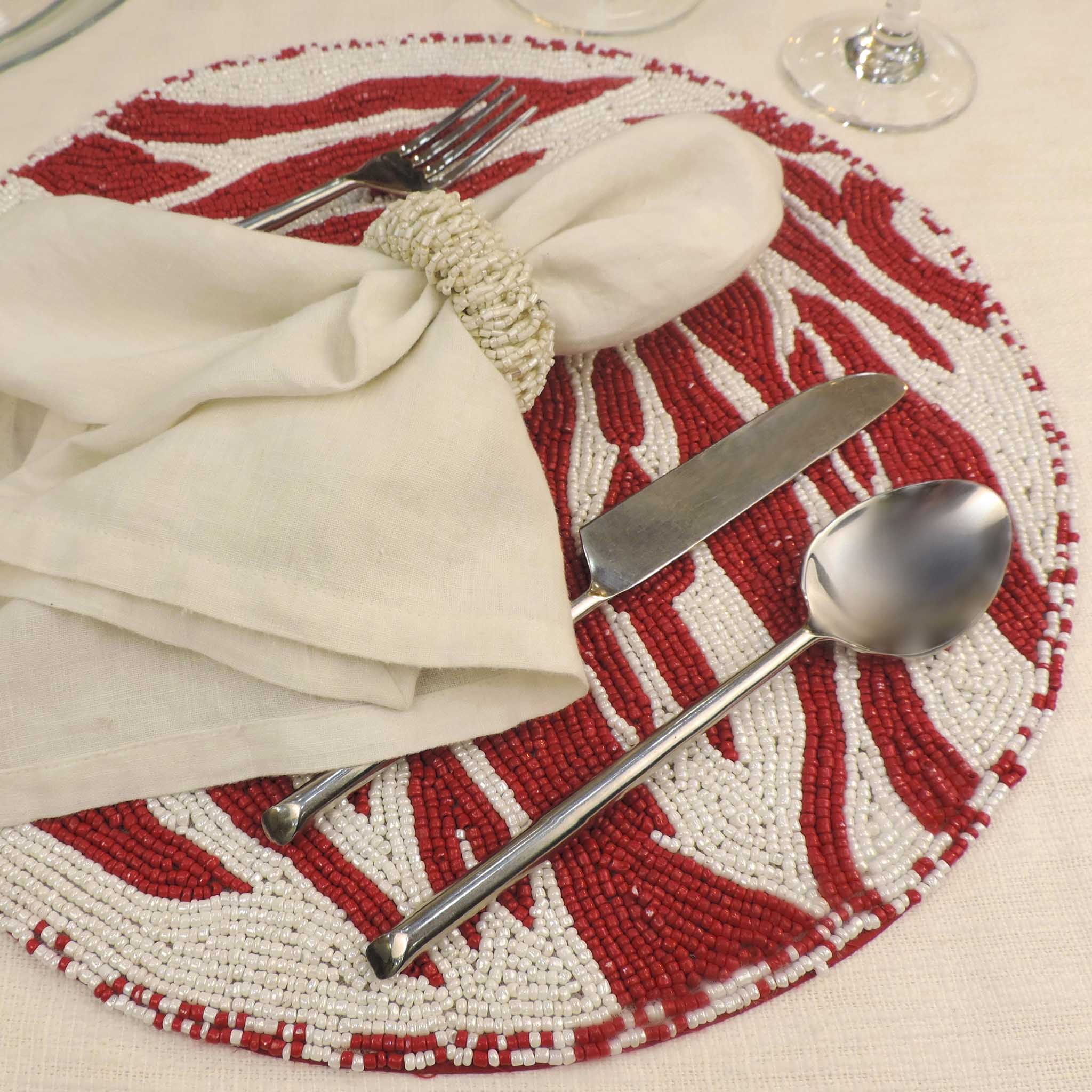 Modern Camo Glass Bead Embroidered Placemat in Red & White, Set of 2/4