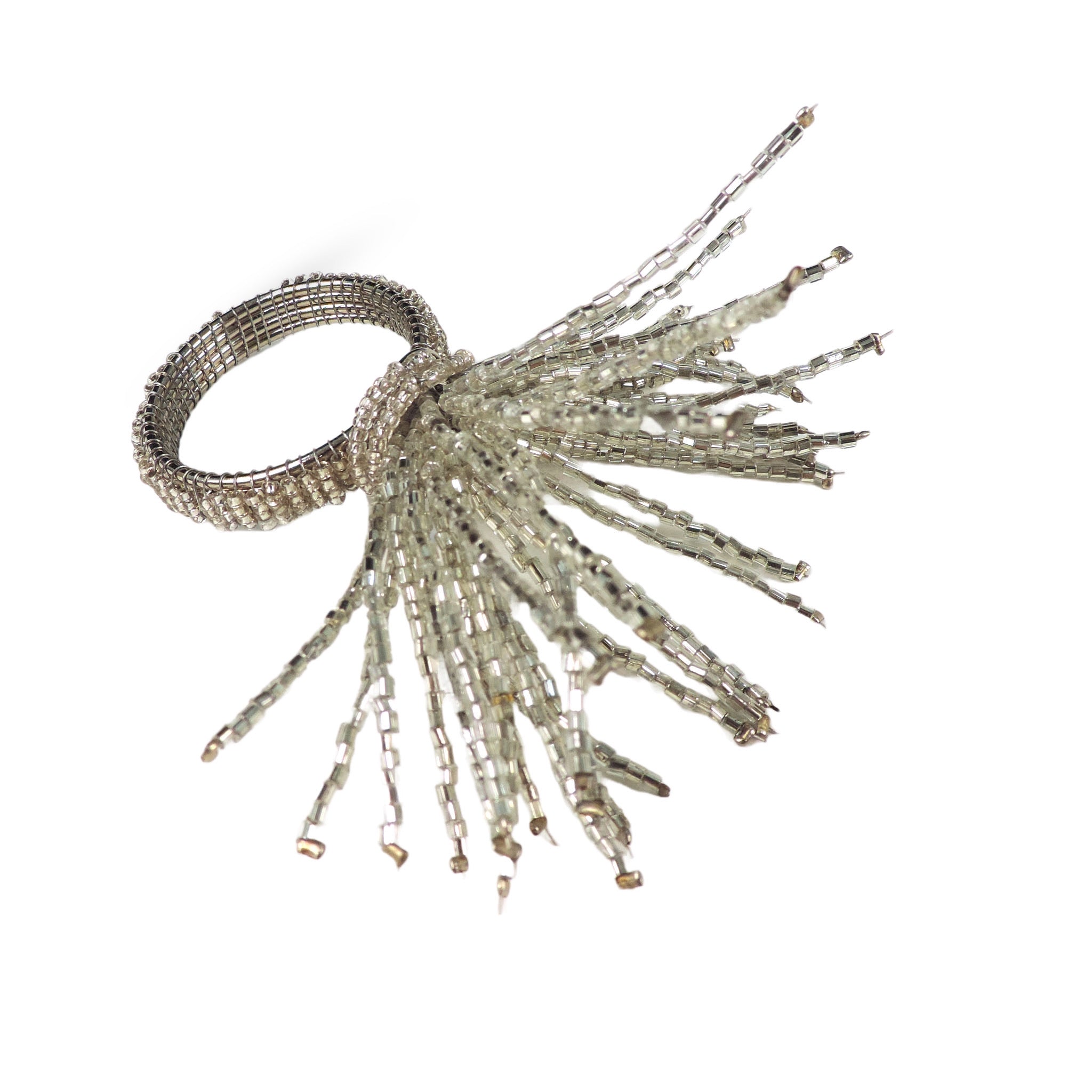 Tasseled Glass Bead Napkin Ring in Silver, Set of 4