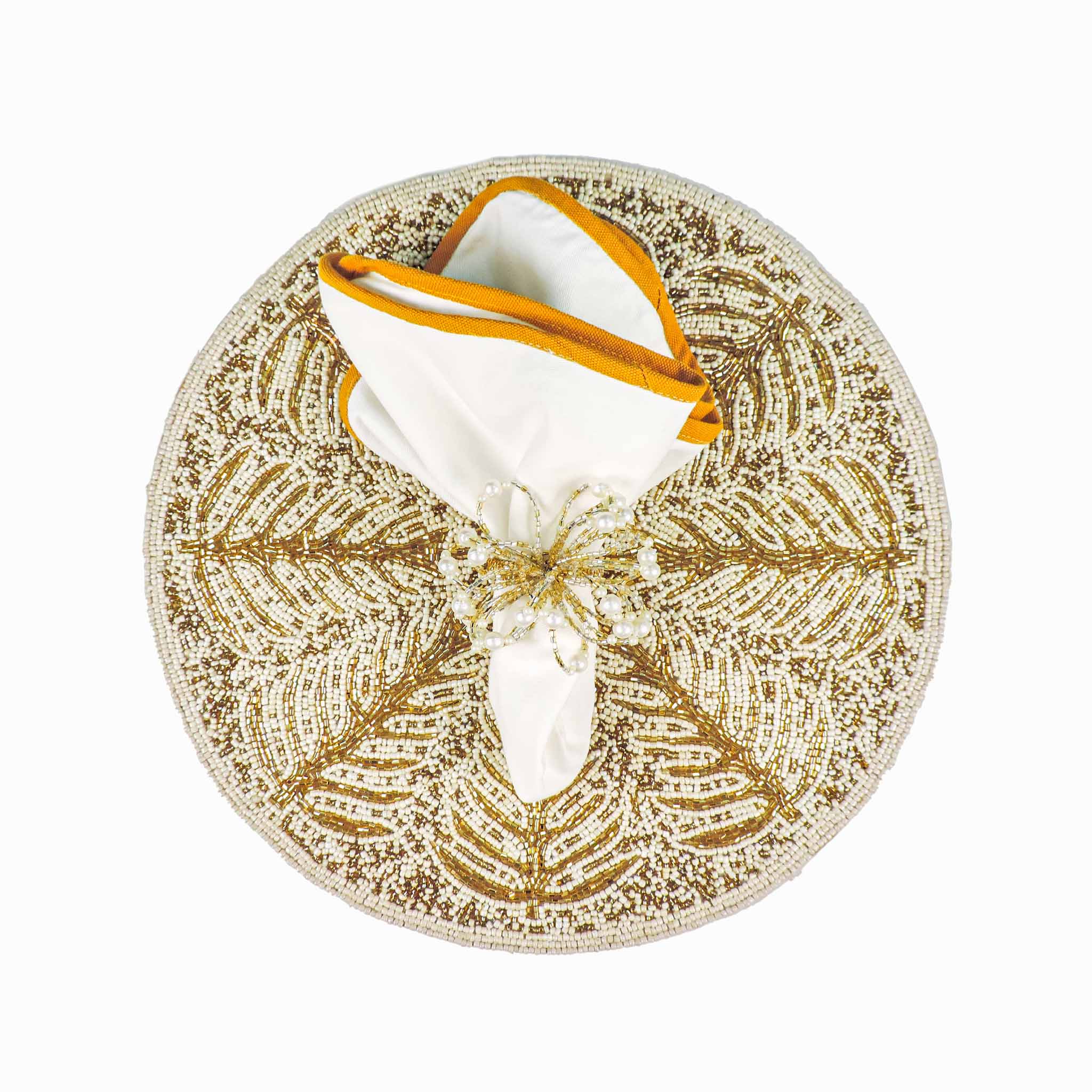 Tree of Life Embroidered Placemat in Cream & Gold, Set of 2