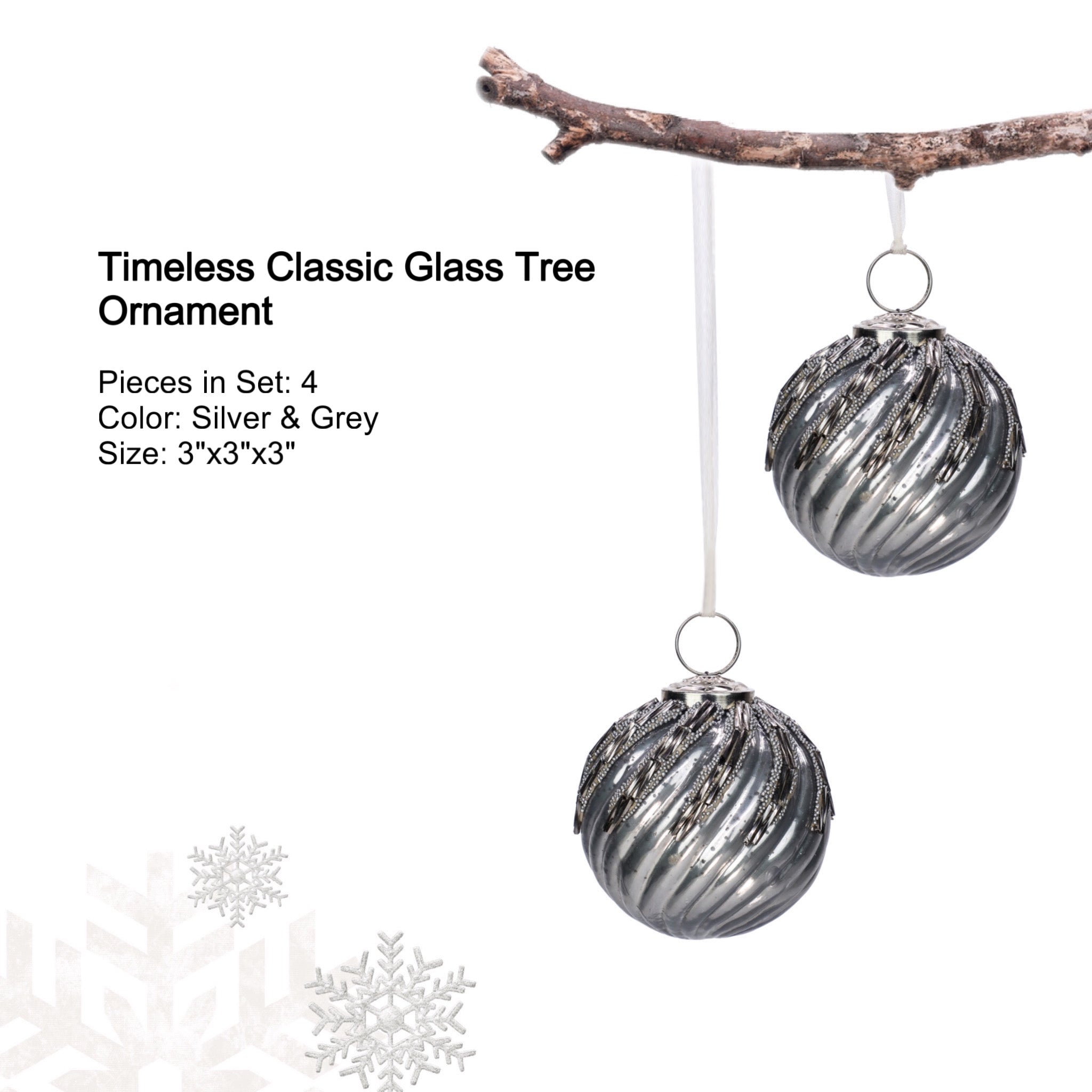 Timeless Classic Glass Tree Ornament in Silver & Grey, Boxed Set of 4