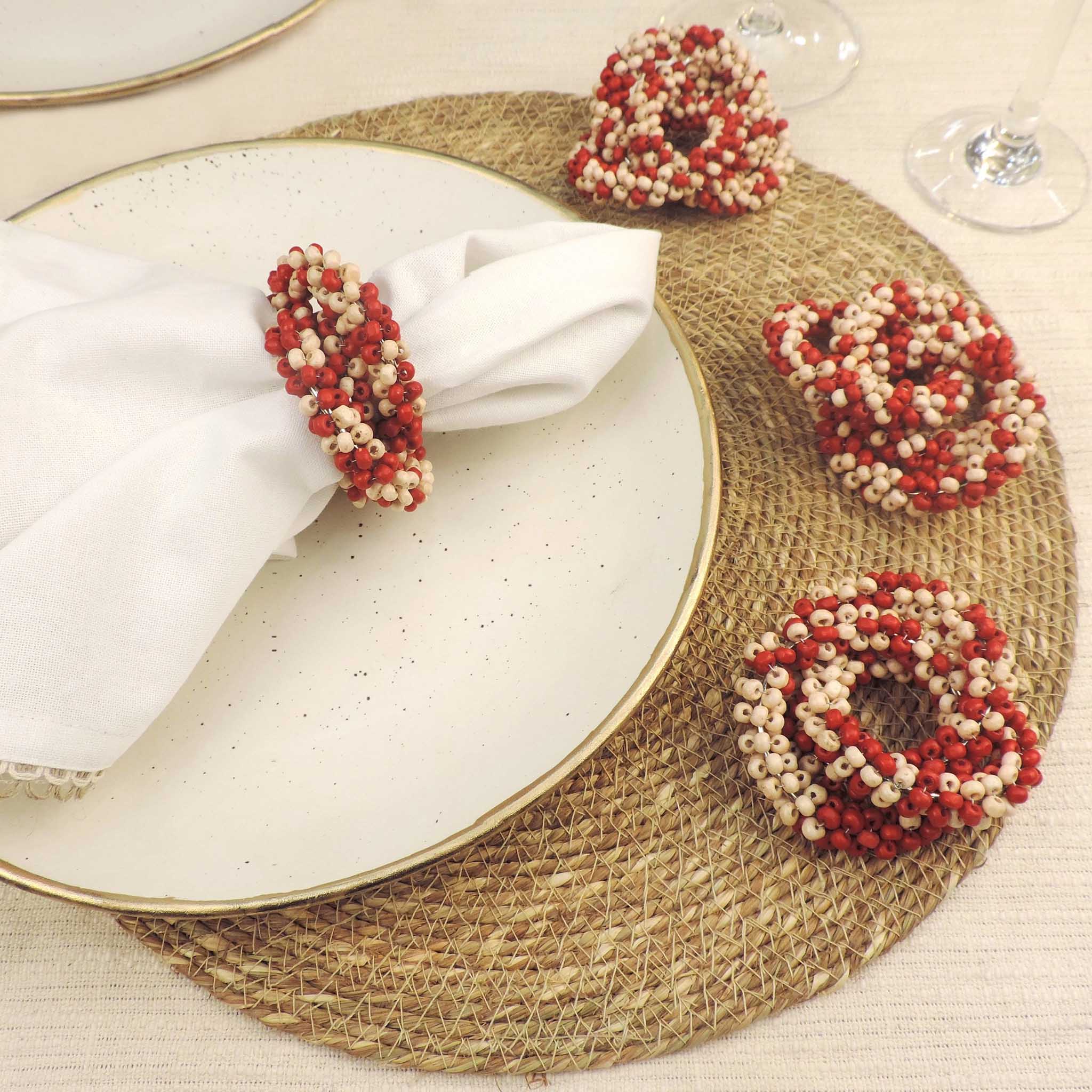 Mala Wooden Bead Napkin Ring in Coral Cream, Set of 4