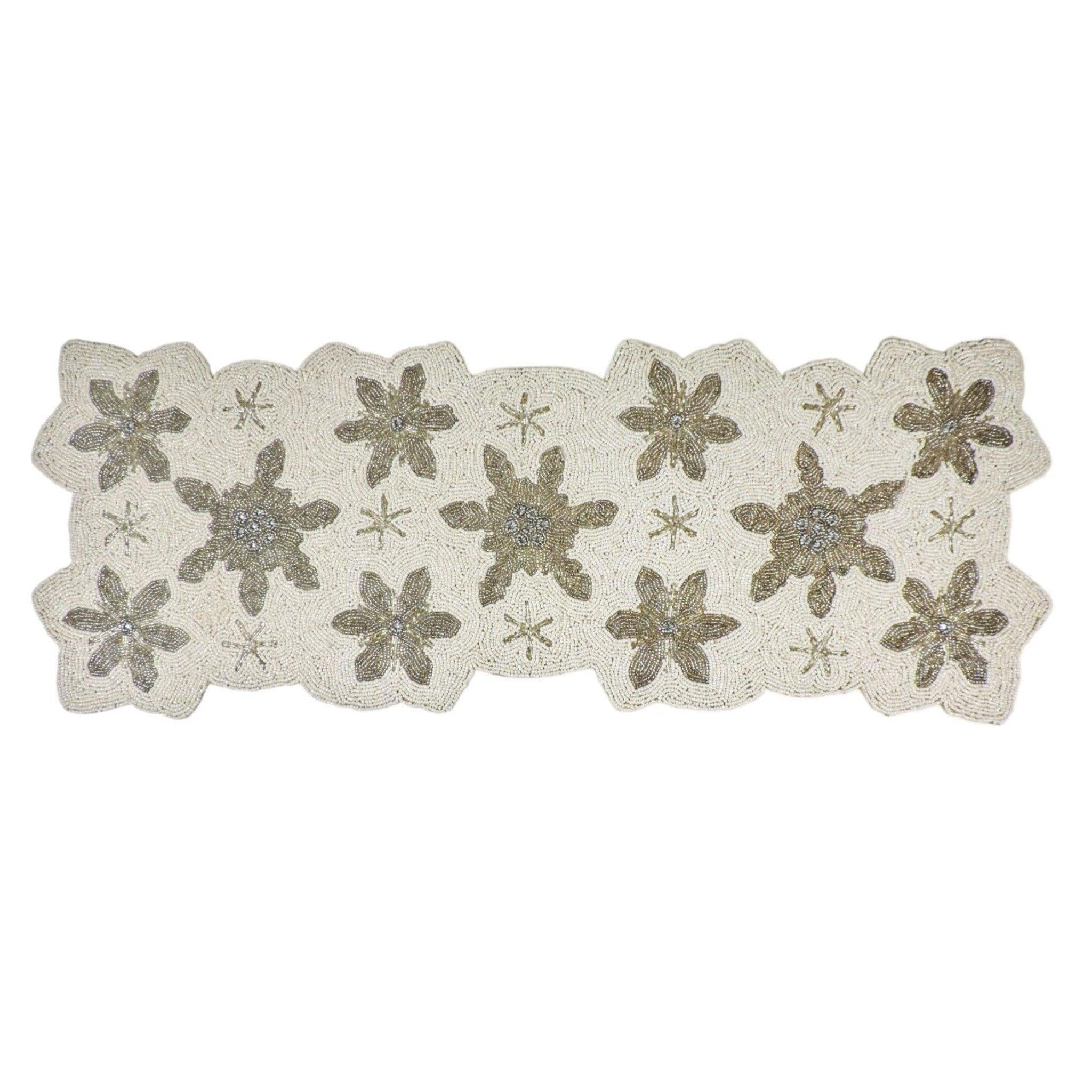 Let it Snow Bead Embroidered Table Runner in White & Silver