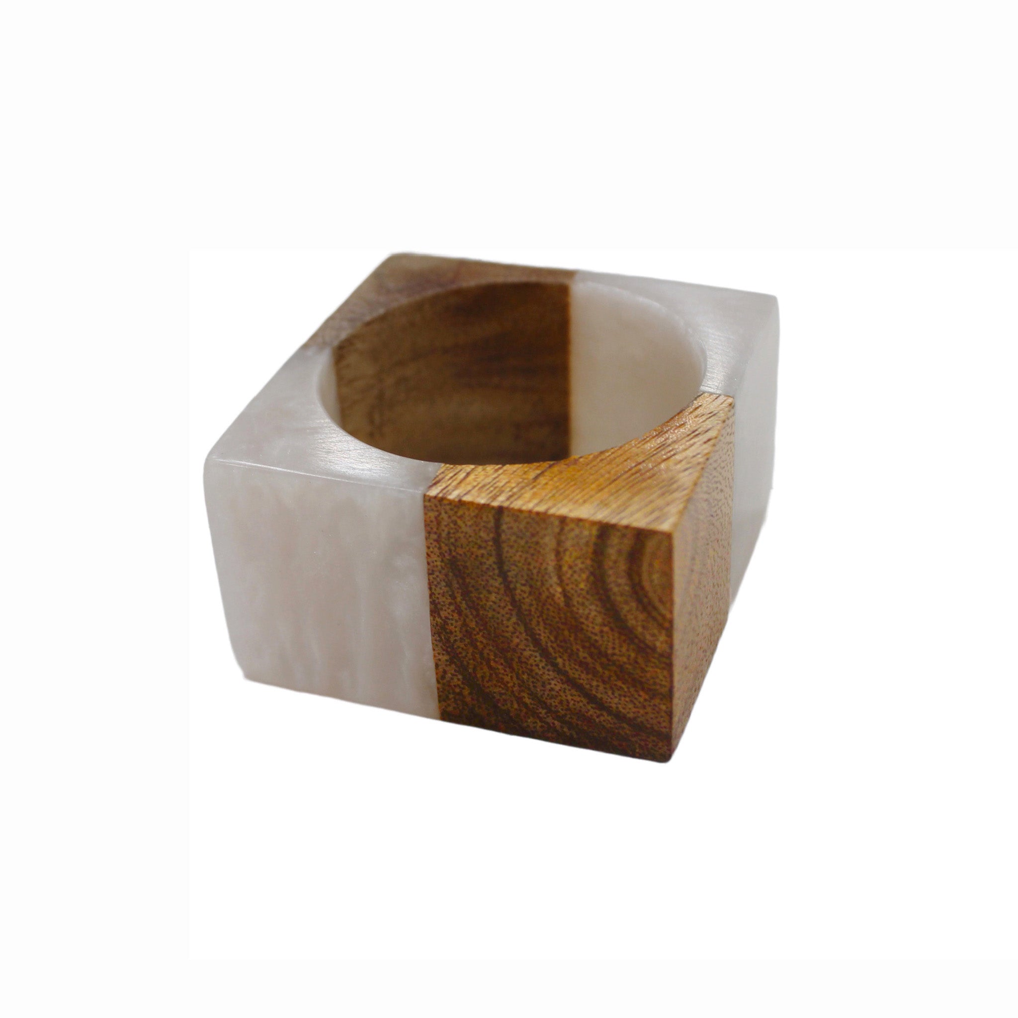 Mango Wood Square Napkin Ring in White, Set of 4