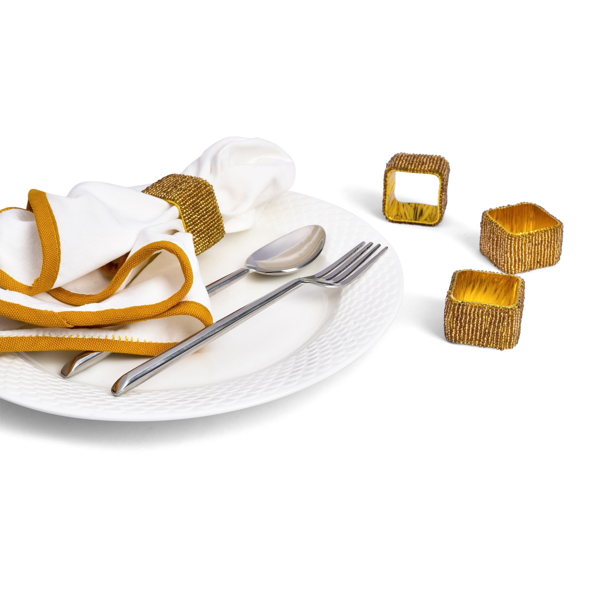 Glass Bead Table Setting for 4 - Placemats & Napkin Rings in Gold Two Tone