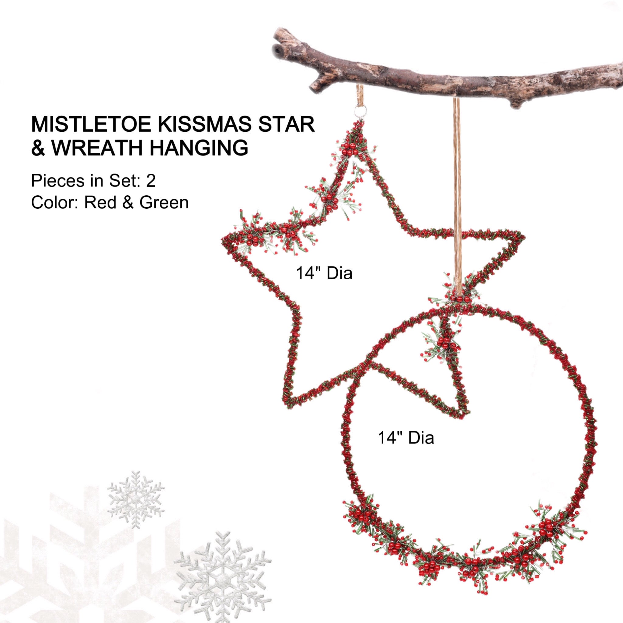 Mistletoe Kissmas Star & Wreath Hanging in Red & Green, Set of 2