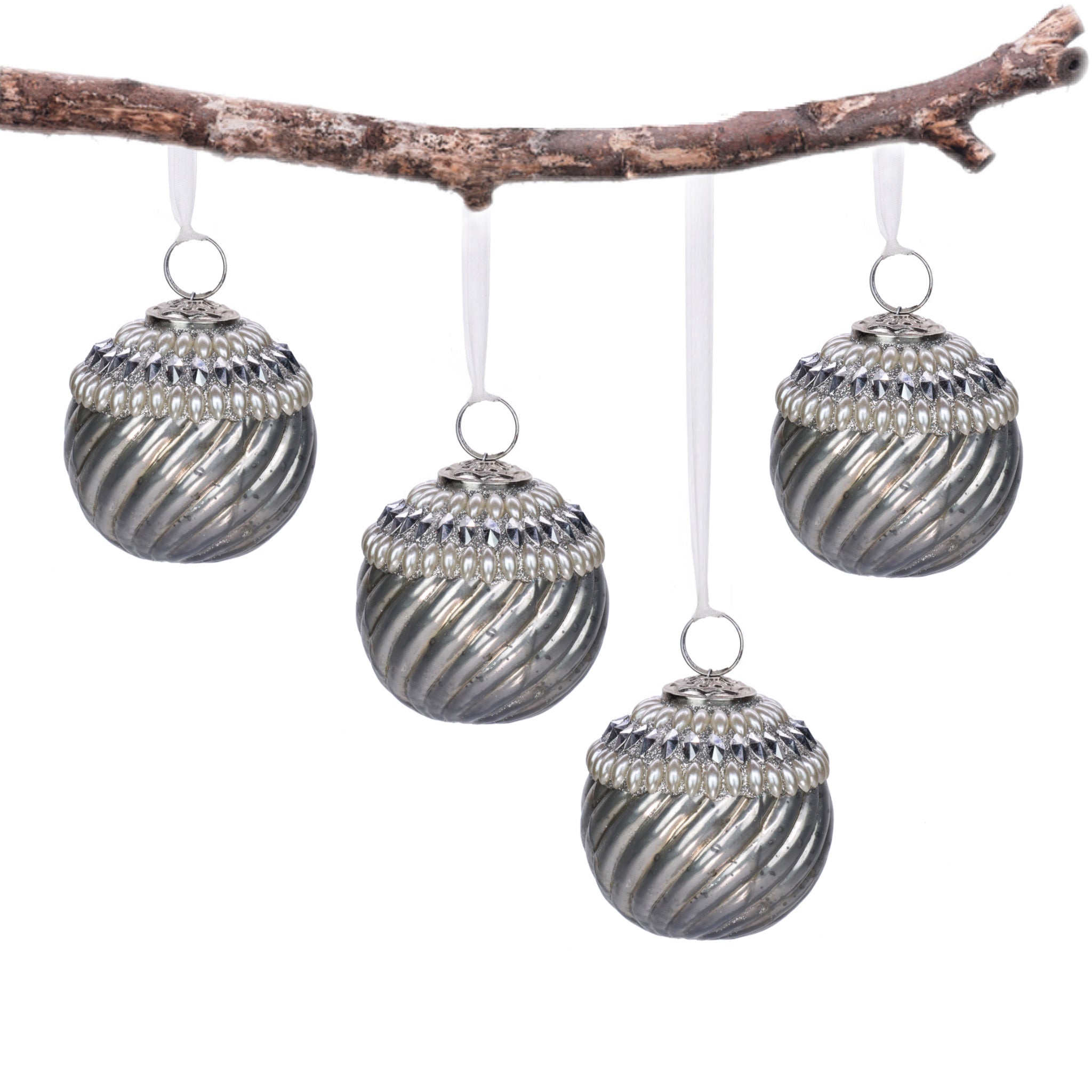 Timeless Classic Glass Tree Ornament in Cream & Silver, Boxed Set of 4