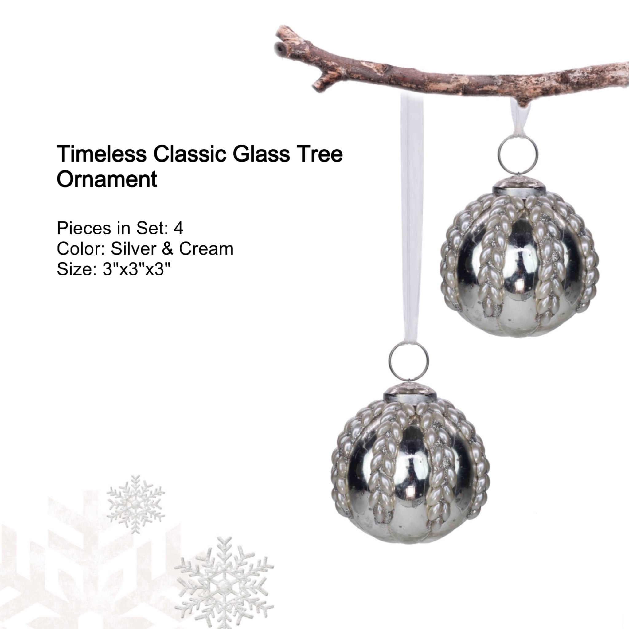 Timeless Classic Glass Tree Ornament in Silver & Cream, Boxed Set of 4