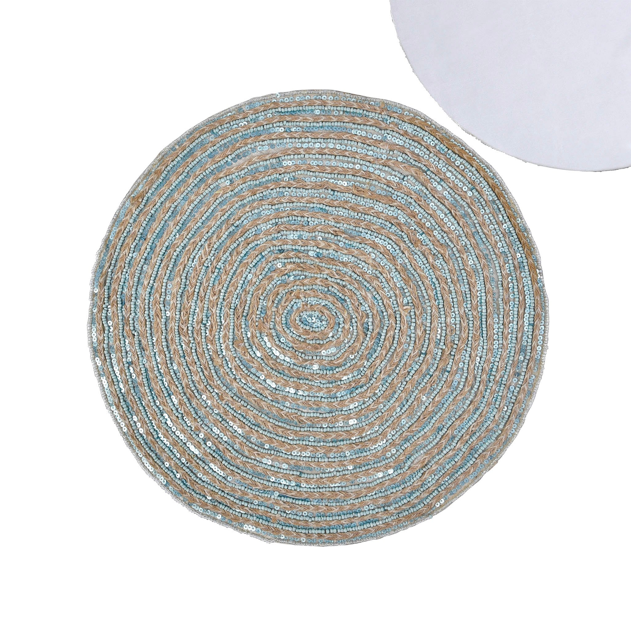 Jute Embroidered Placemat<br>Color: Teal & Natural<br>Size: 15" Round<br>Set of 2/4