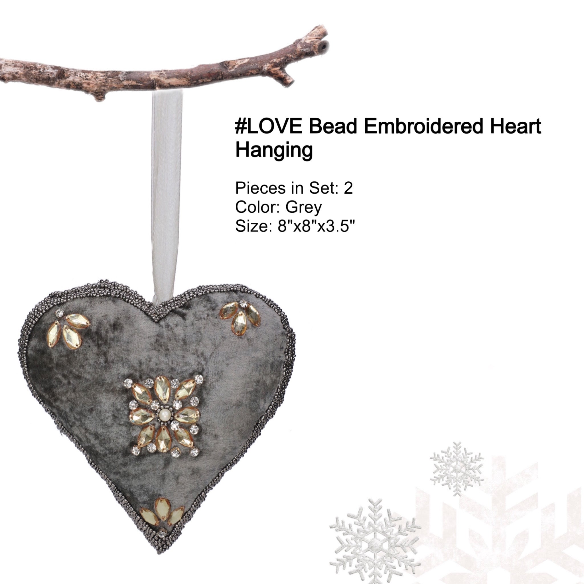 #LOVE Bead Embroidered Heart Hanging in Grey, Set of 2