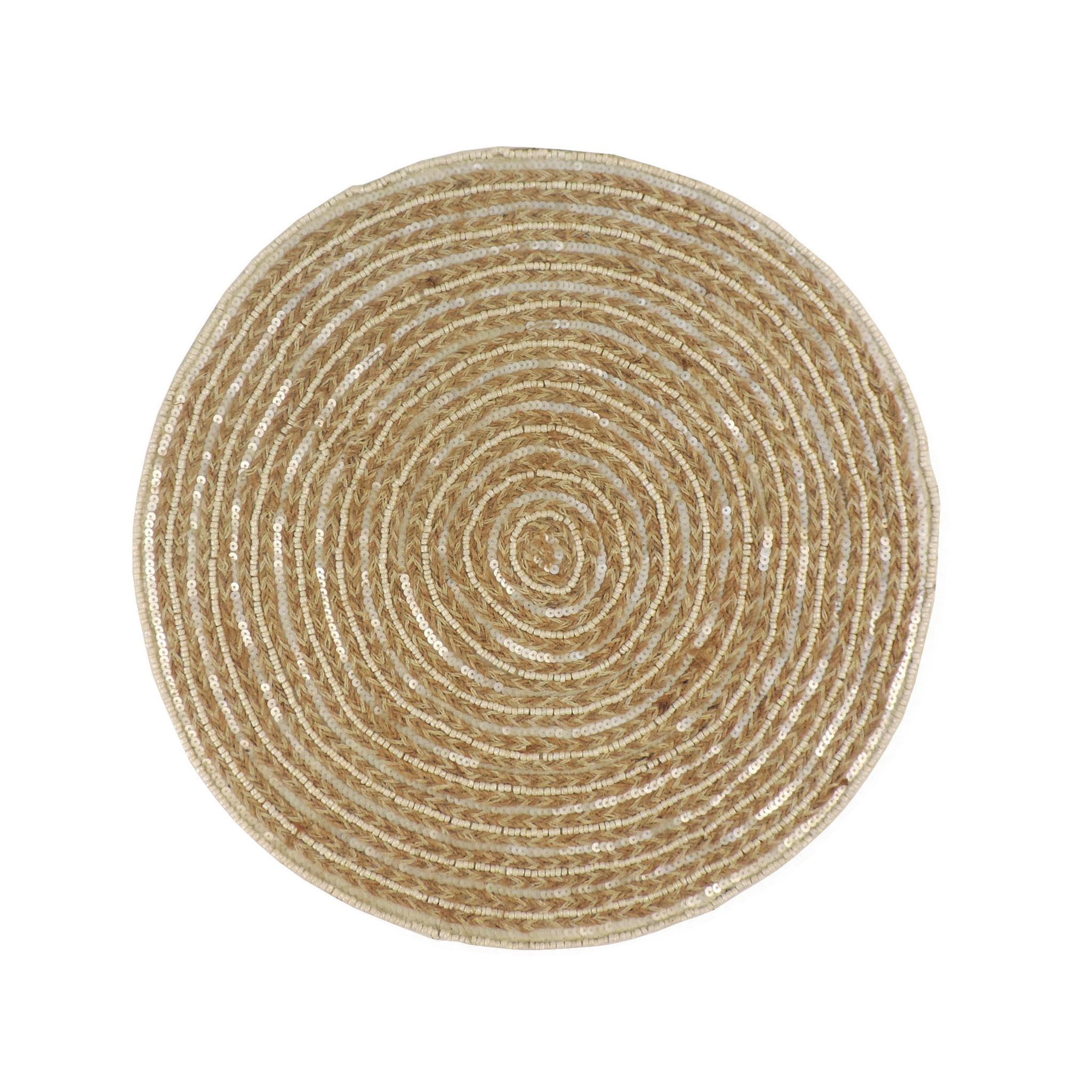 Jute Embroidered Placemat<br>Color: Beige<br>Size: 15" Round<br>Set of 2/4