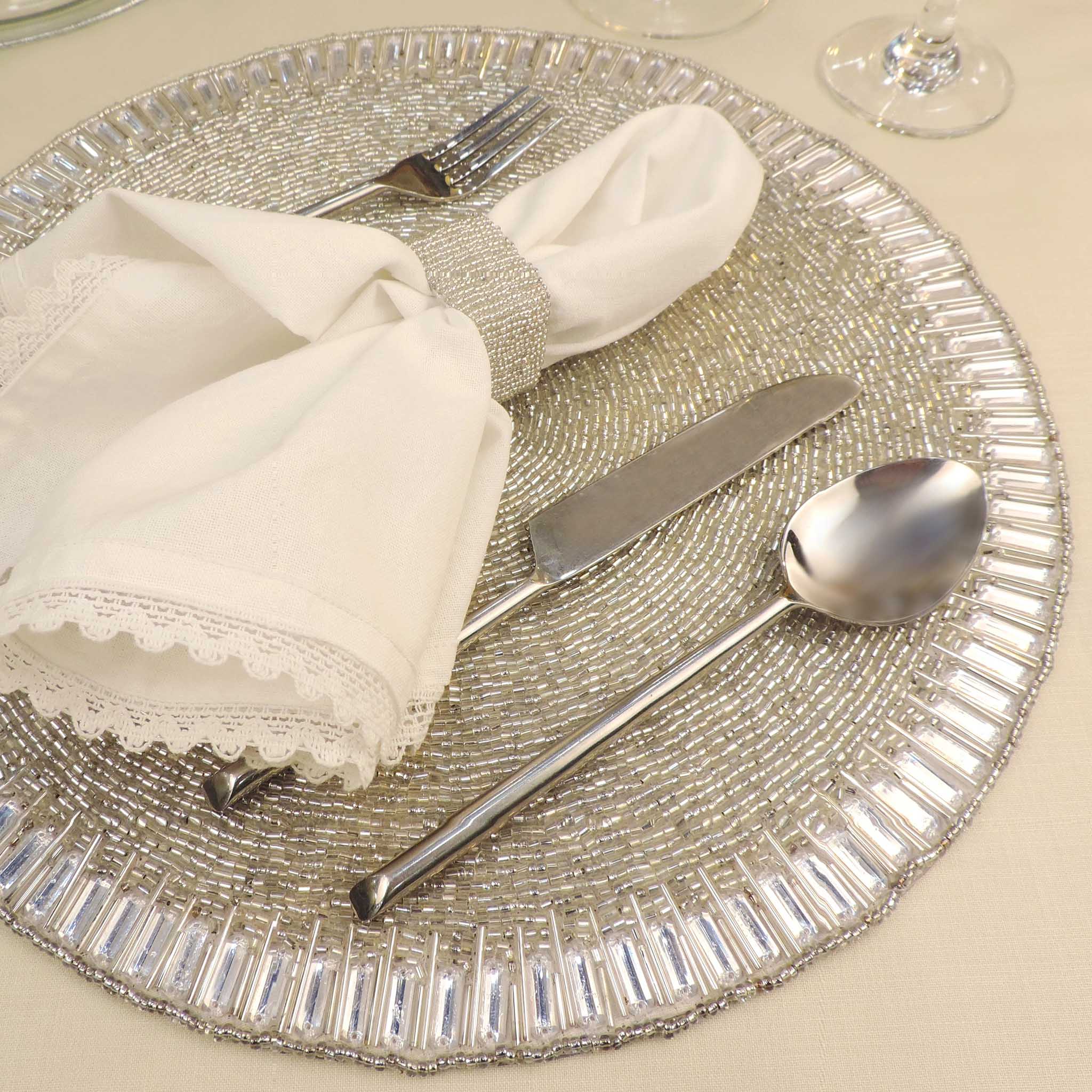 Glam Crystal Bead Embroidered Placemat in Cream Silver, Set of 2/4