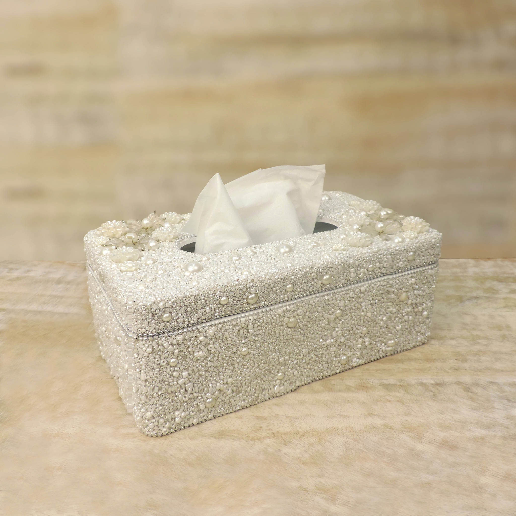 Flora Beaded Tissue Box in White