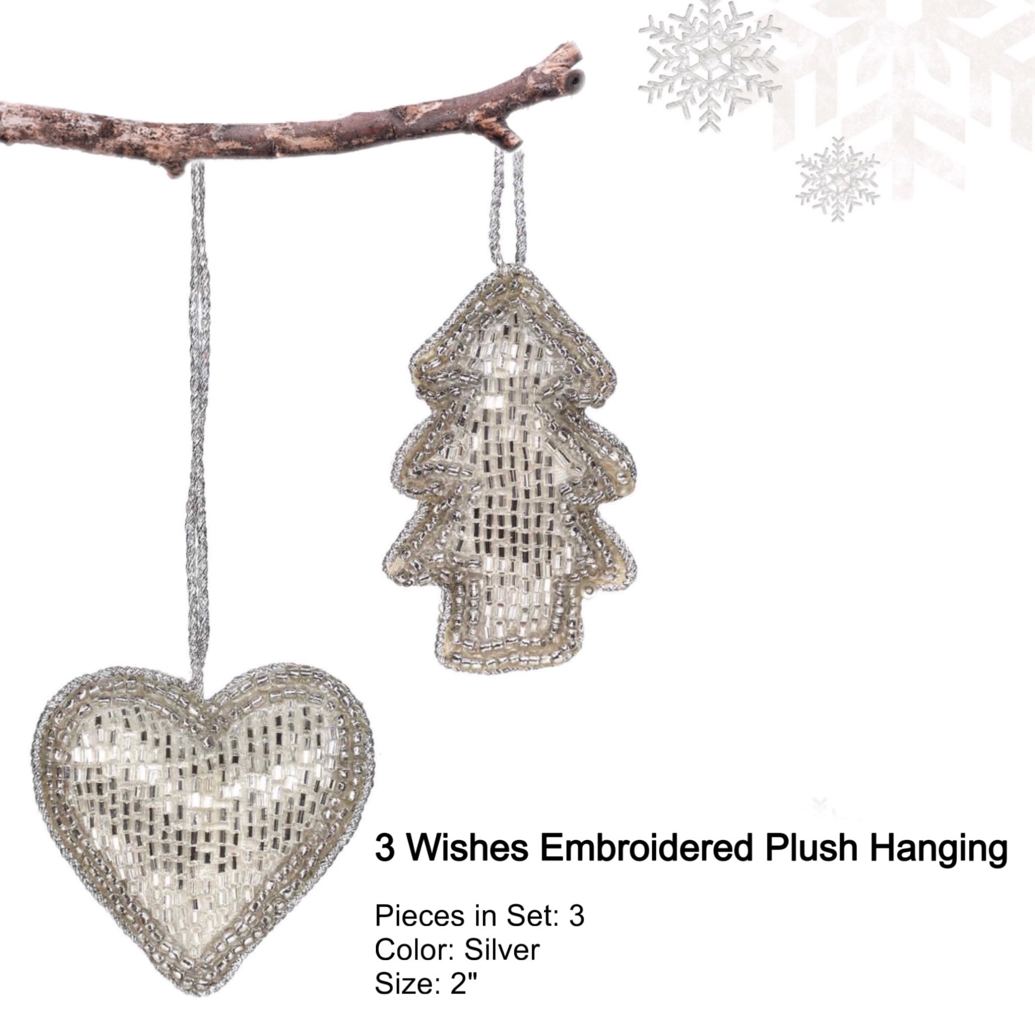 3 Wishes Embroidered Plush Hanging in Silver, Set of 3