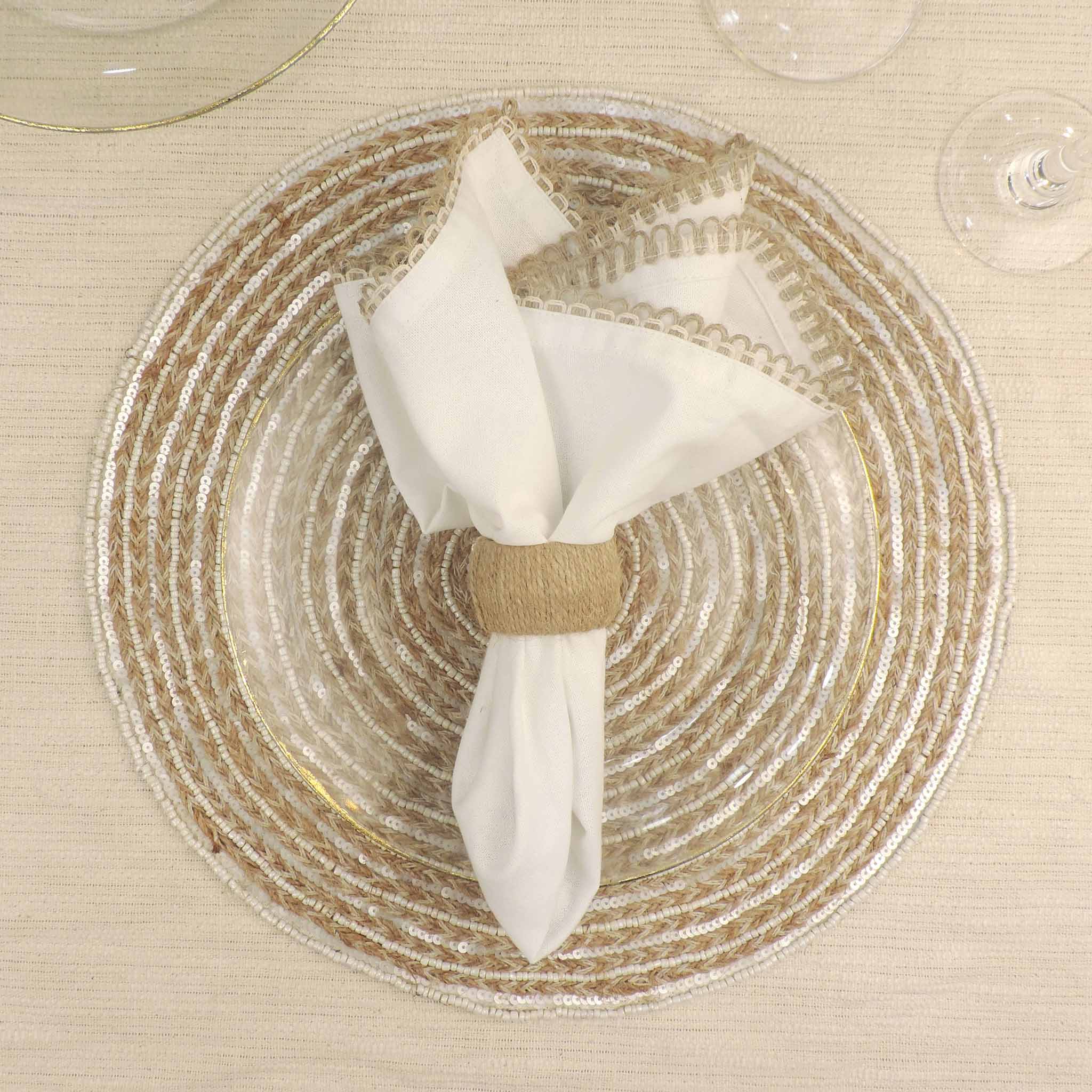 Jute Embroidered Placemat<br>Color: Beige<br>Size: 15" Round<br>Set of 2/4