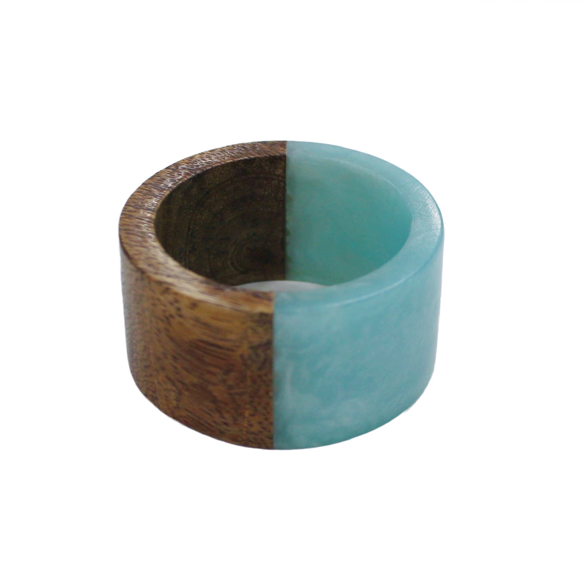 Mango Wood Round Napkin Ring in Aqua, Set of 4