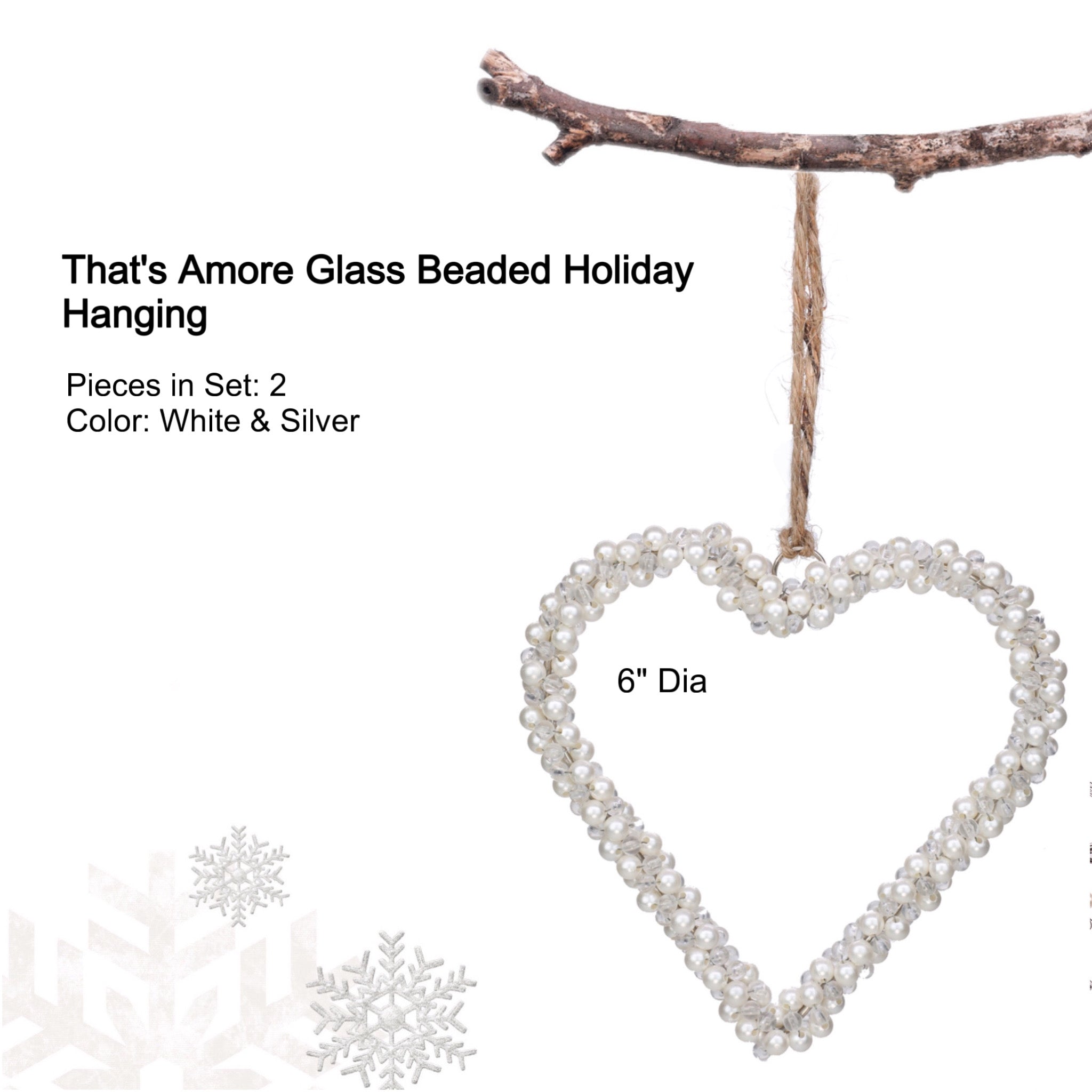 That's Amore Glass Beaded Holiday Hanging in White & Silver, Set of 2