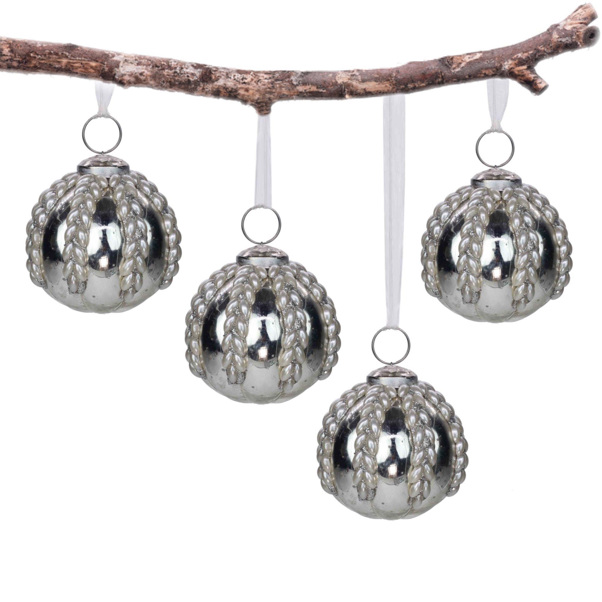 Timeless Classic Glass Tree Ornament in Silver & Cream, Boxed Set of 4