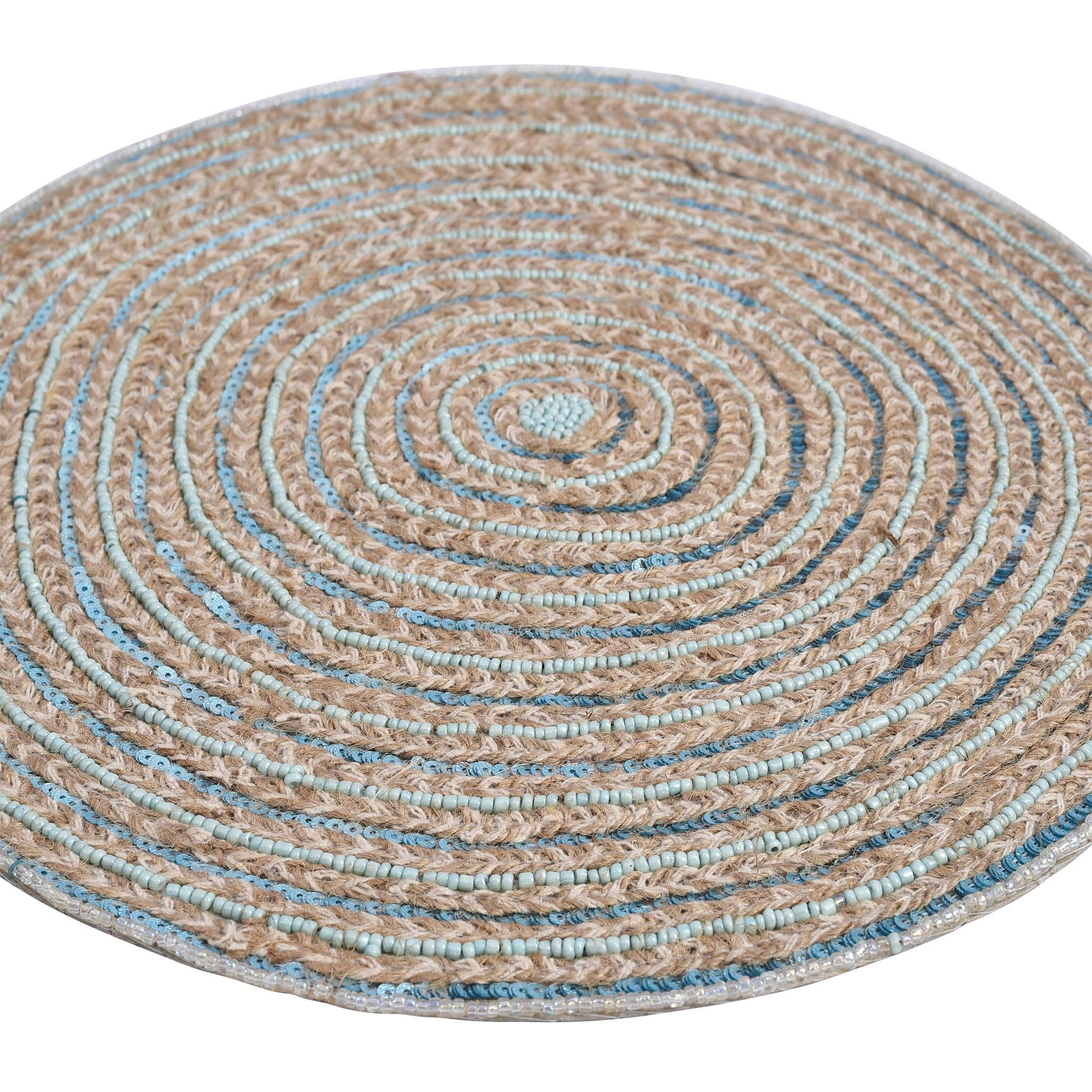 Jute Embroidered Placemat<br>Color: Teal & Natural<br>Size: 15" Round<br>Set of 2/4