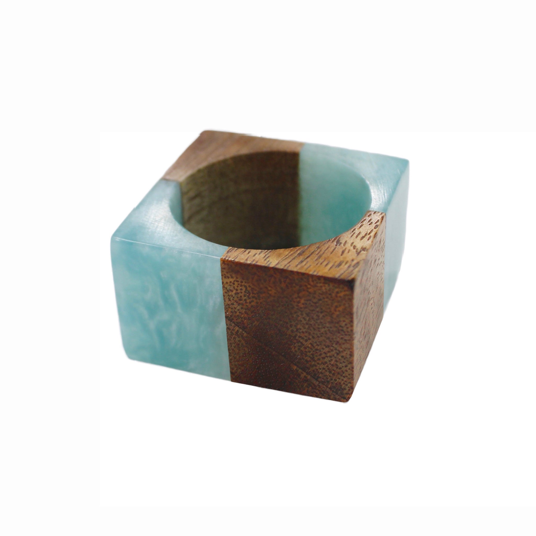 Mango Wood Napkin Ring - Square<br>Size: 2.25"x3"<br>Set of 4 Square<br>Color: Aqua