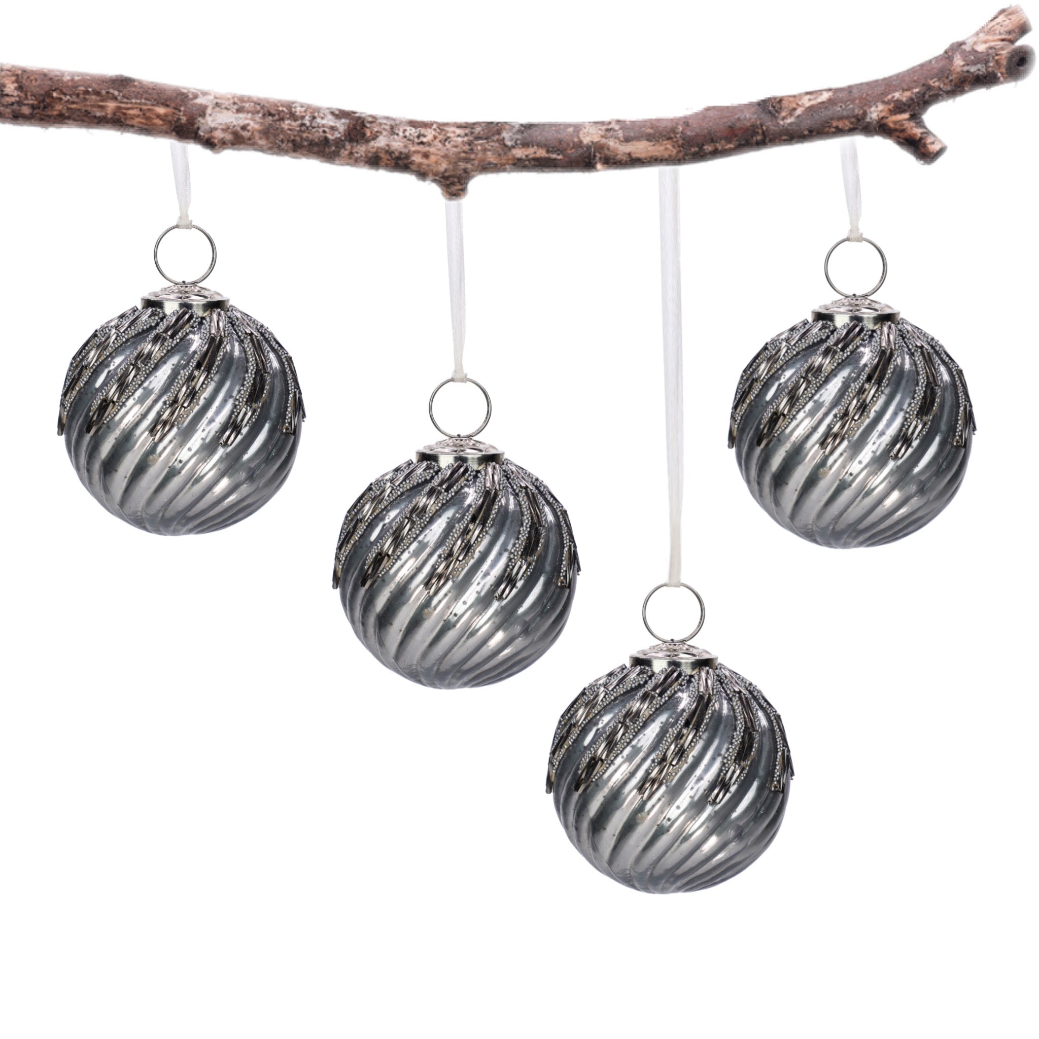 Timeless Classic Glass Tree Ornament in Silver & Grey, Boxed Set of 4