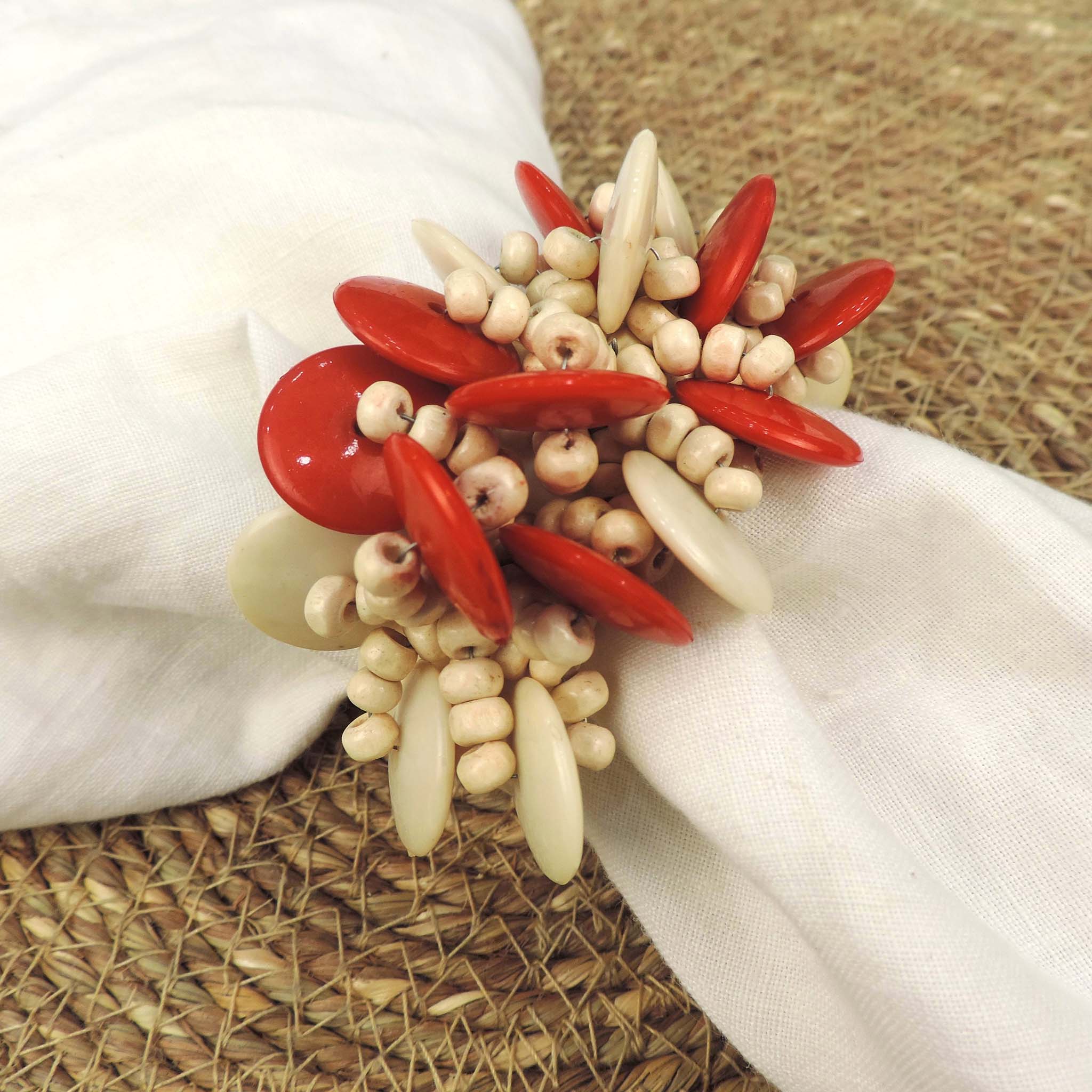Coin n Beads Cluster Napkin Ring in Cream Red, Set of 4