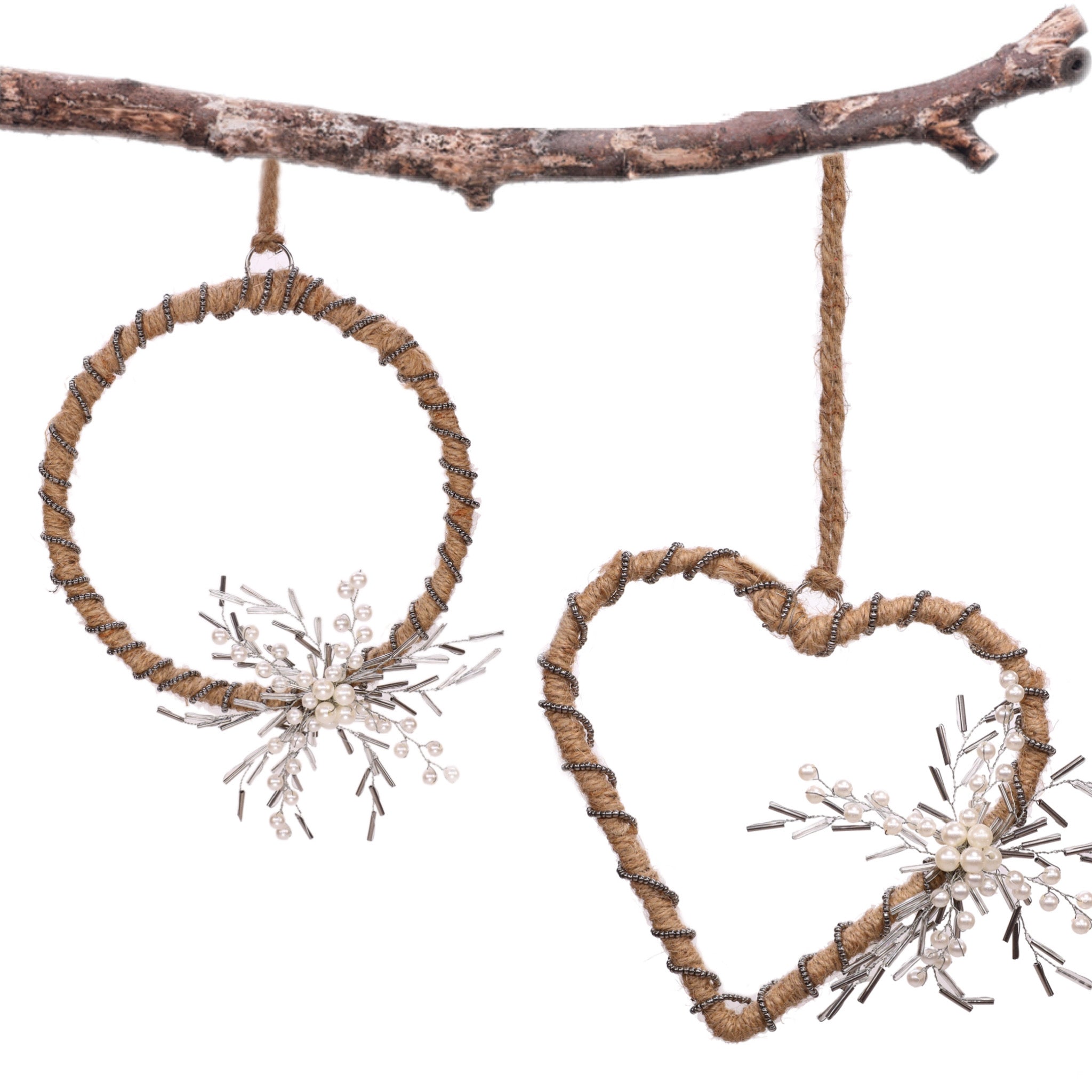 Back To Nature Wreath & Heart Hanging in Natural, Silver & White, Set of 2