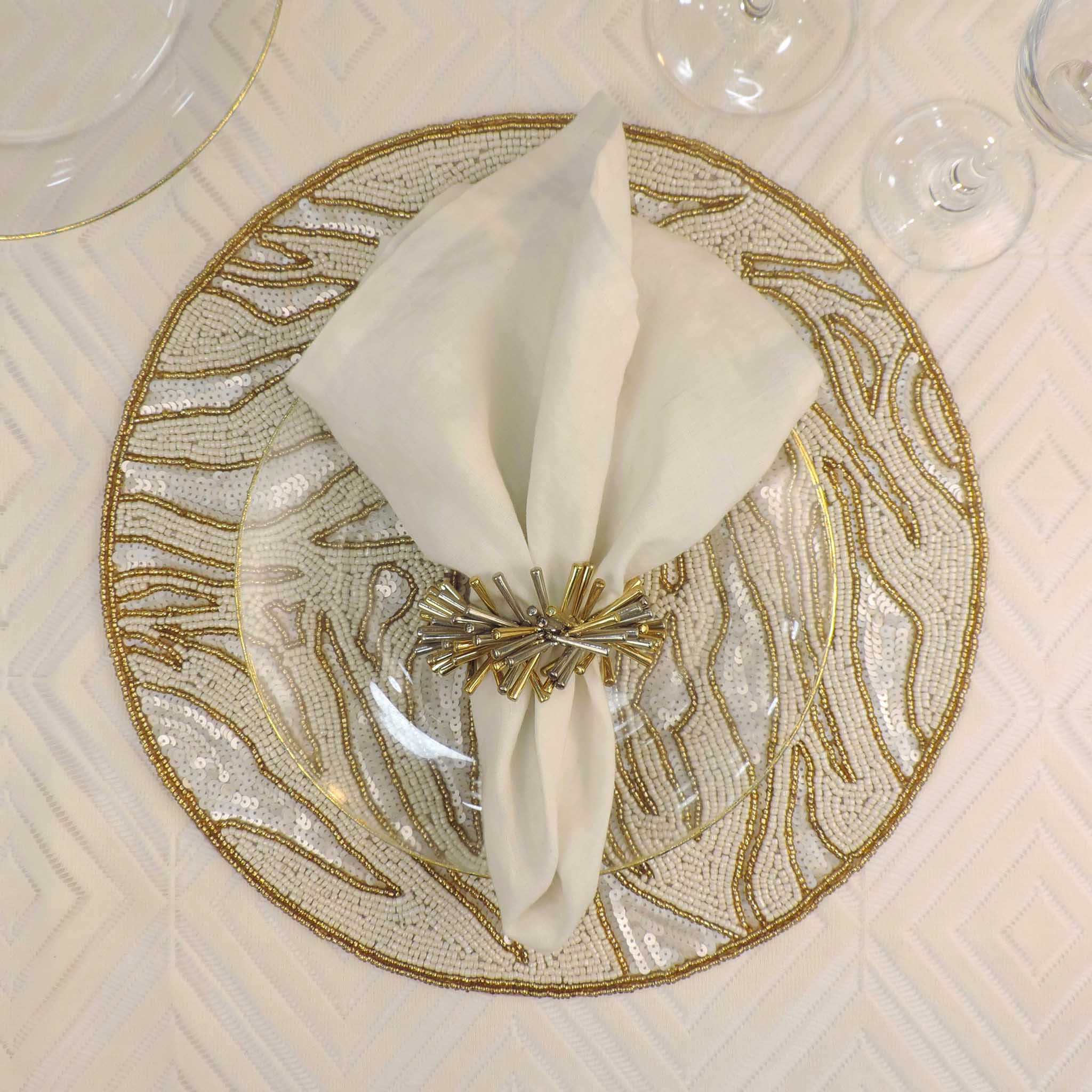 Modern Camo Glass Bead Embroidered Placemat in Cream & Gold, Set of 2/4