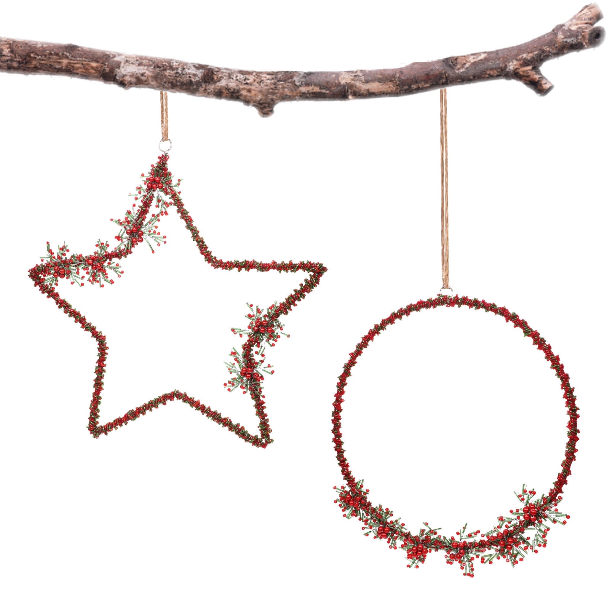 Mistletoe Star Wreath Ornament in Red & Green, Set of 2