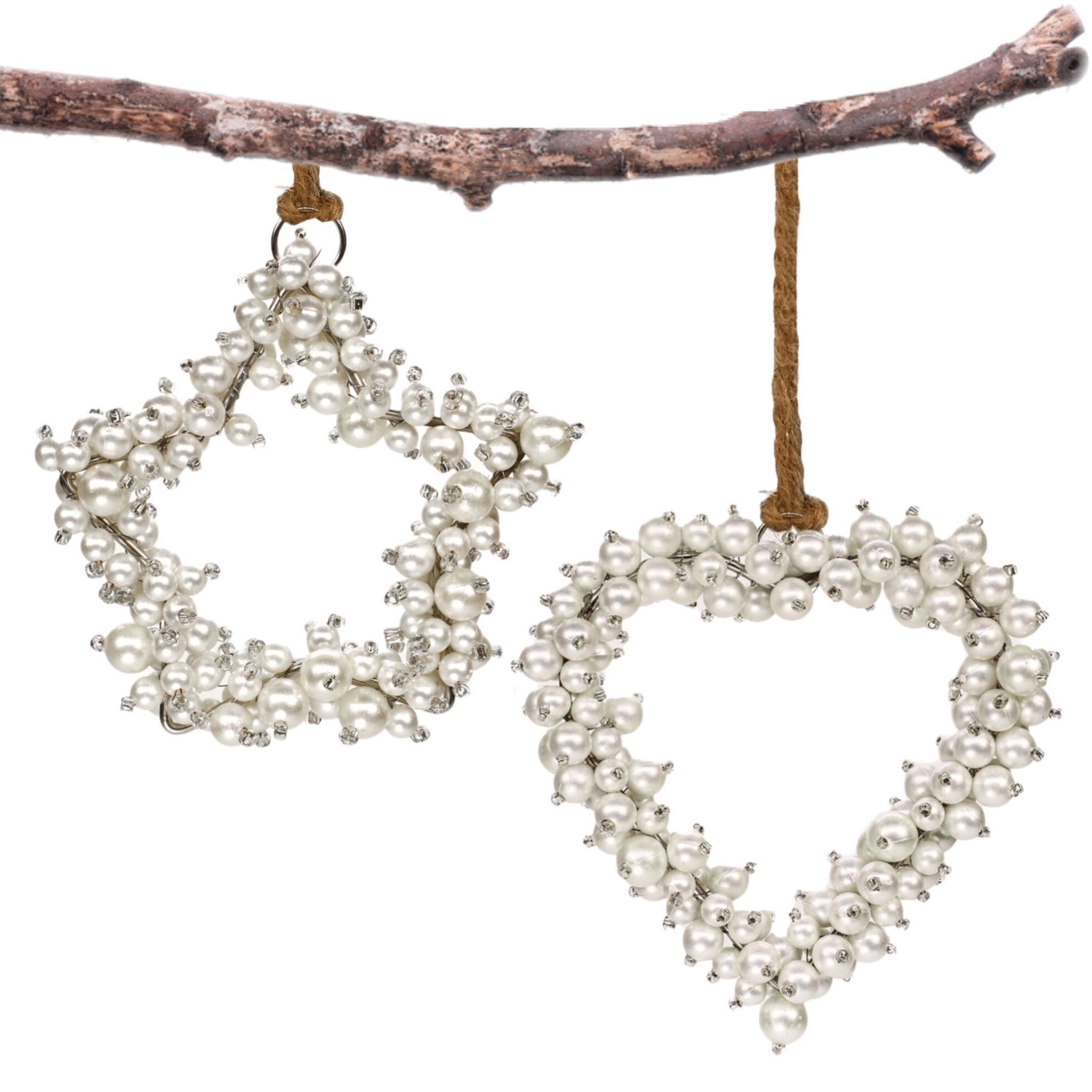 Pearl Beaded Star Heart Wreath Hanging in Cream, Set of 2