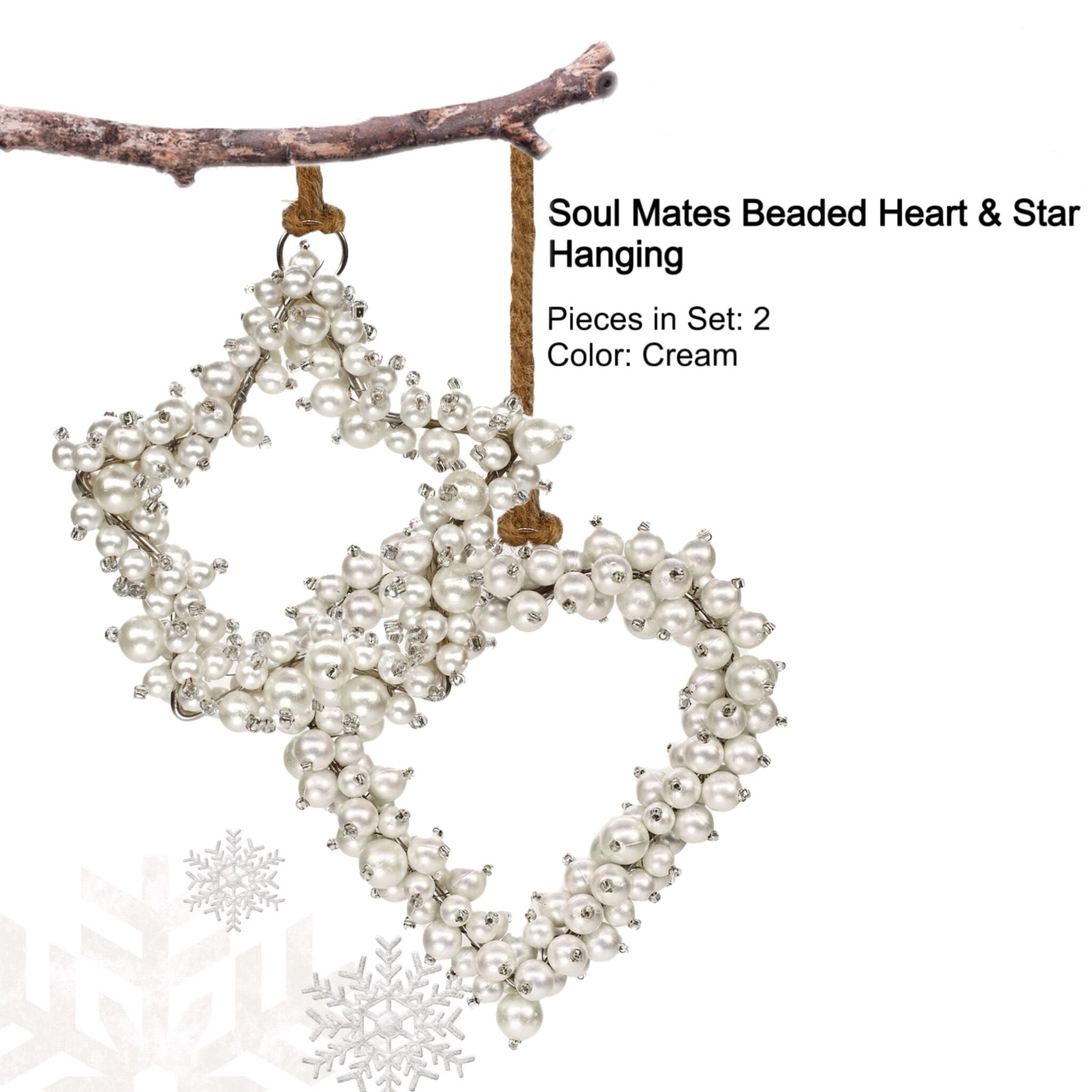 Pearl Beaded Star Heart Wreath Hanging in Cream, Set of 2