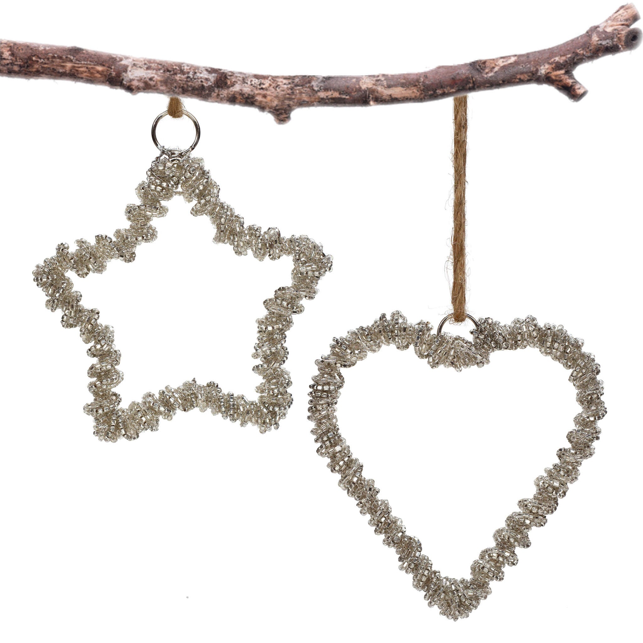 Glass Beaded Star Heart Wreath Ornament in Silver, Set of 2