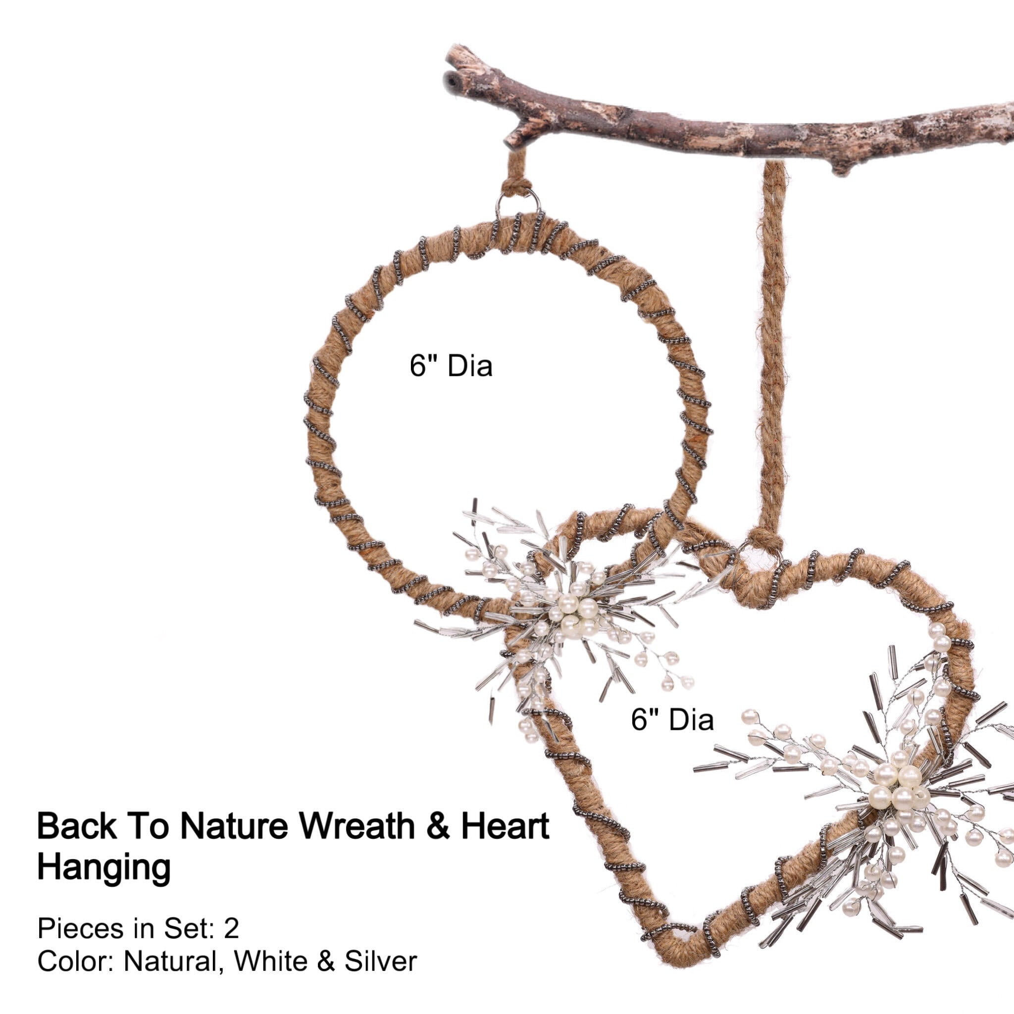 Natural Jute Wreath Heart Hanging in White & Smoke, Set of 2