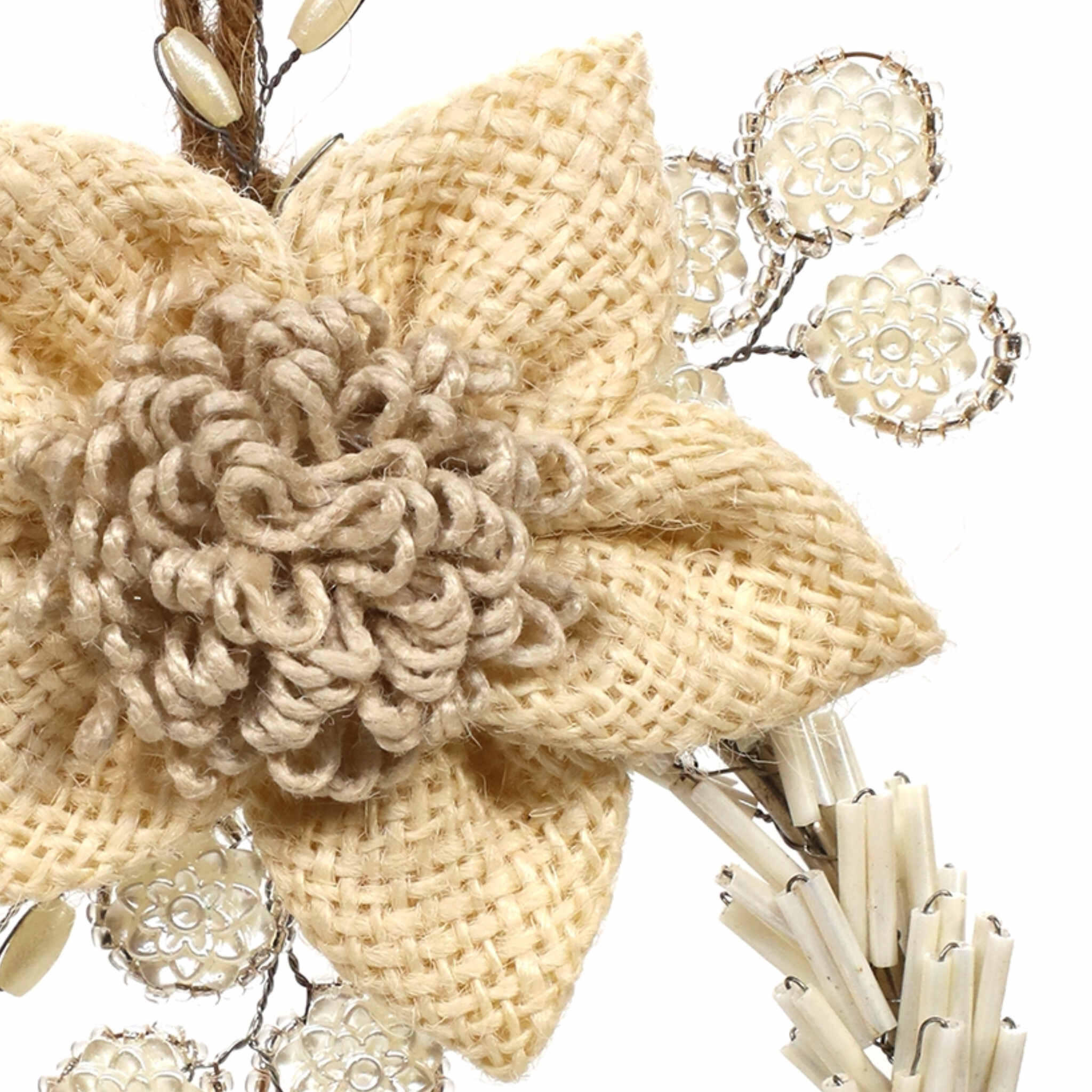 Hand Beaded Wreath Ornament with Flower in Cream, Set of 2