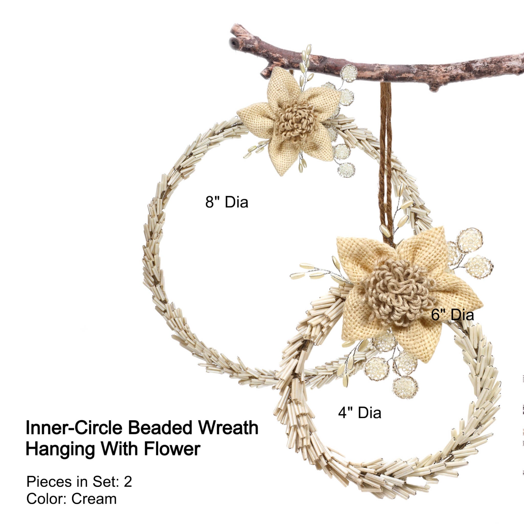 Hand Beaded Wreath Ornament with Flower in Cream, Set of 2