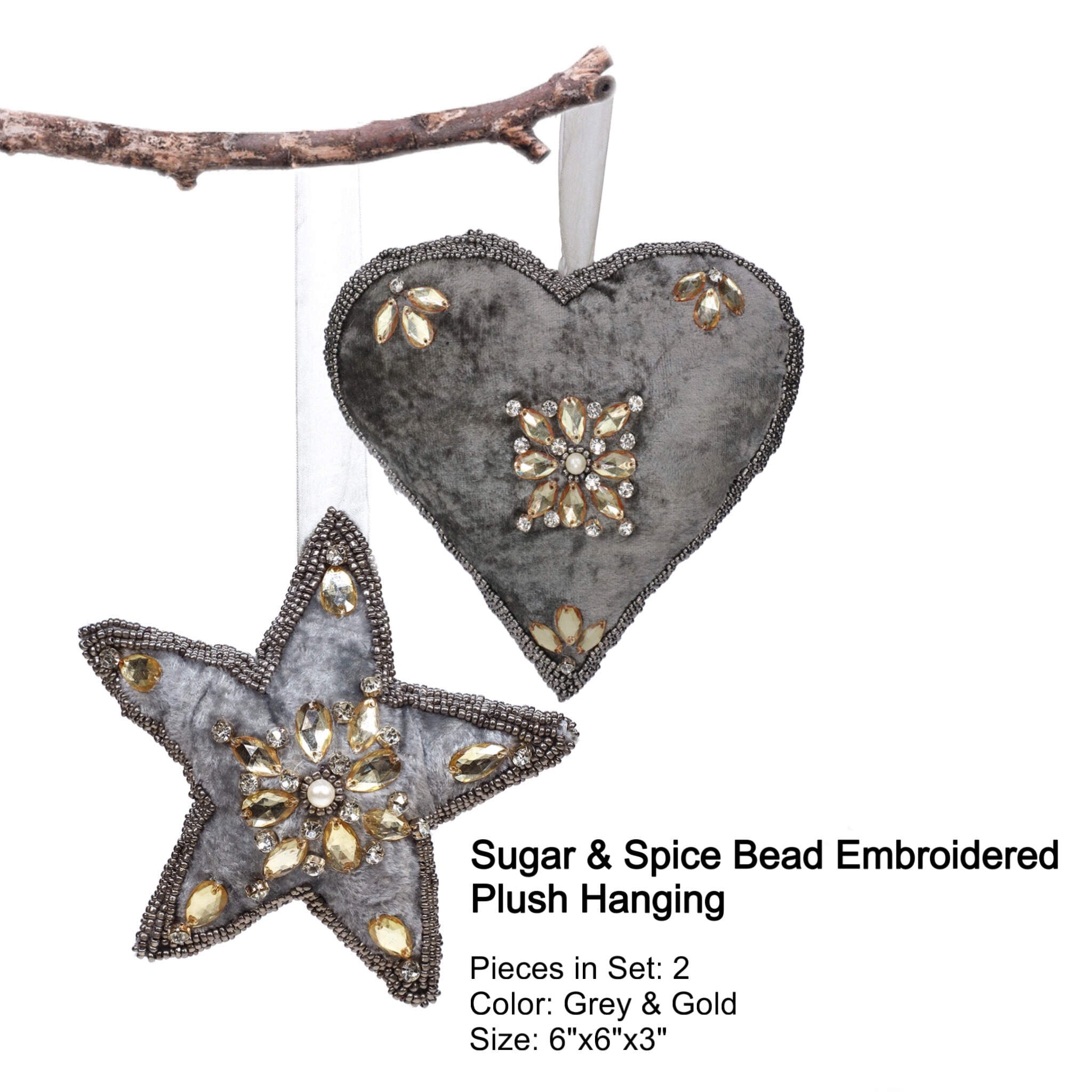 Felt Star Heart Christmas Ornament in Grey & Gold, Set of 2