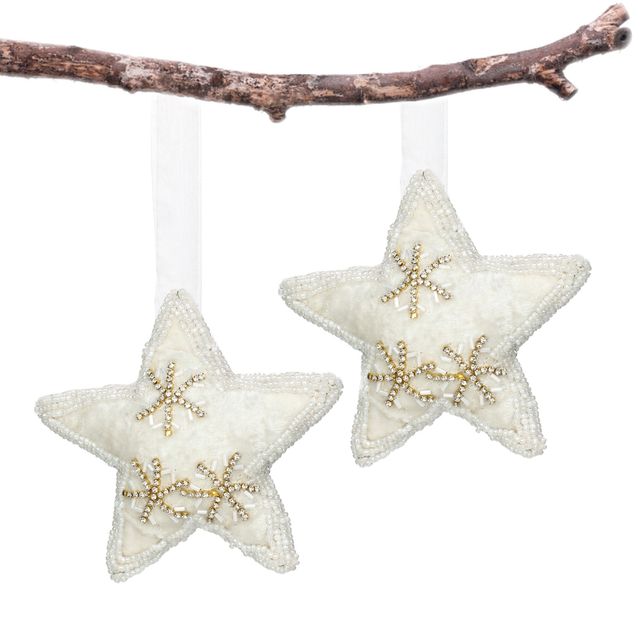 Felt Star Christmas Ornament in White & Gold, Set of 2