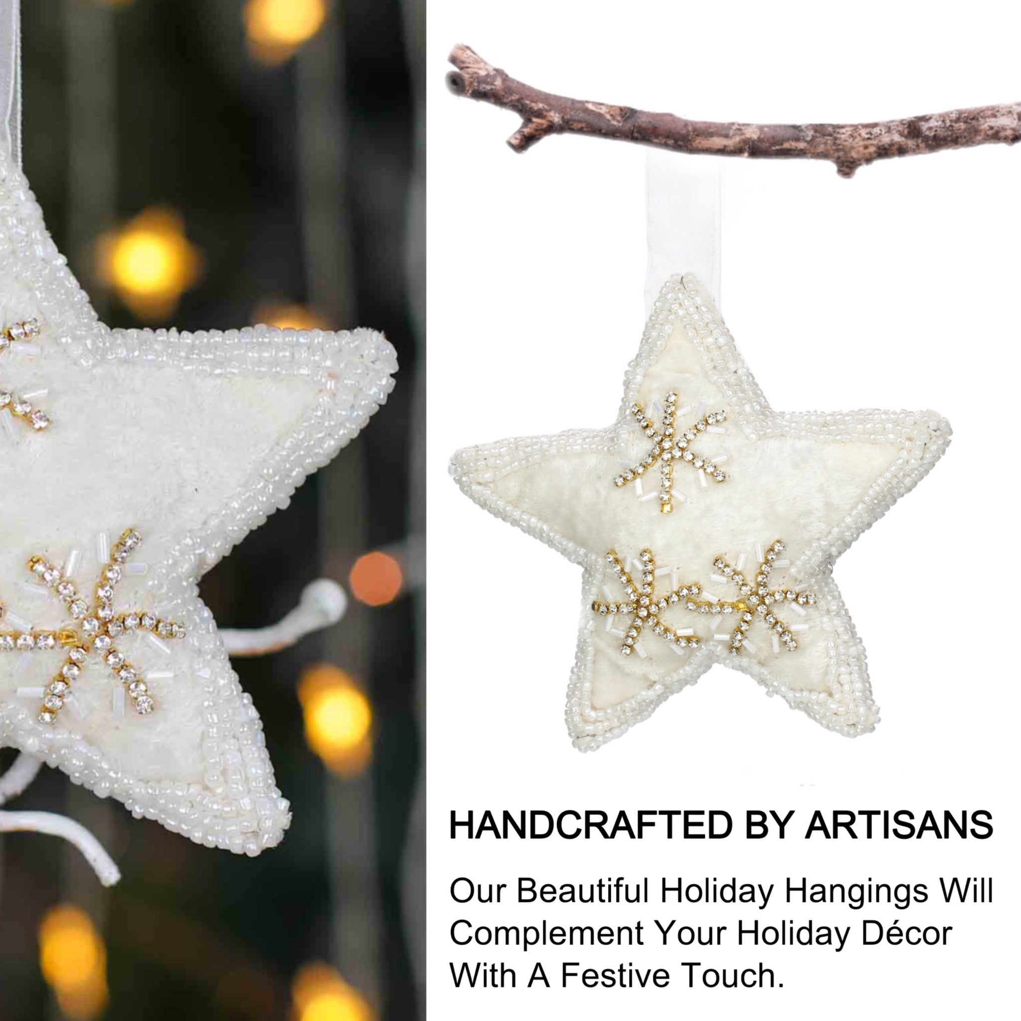 Felt Star Christmas Ornament in White & Gold, Set of 2