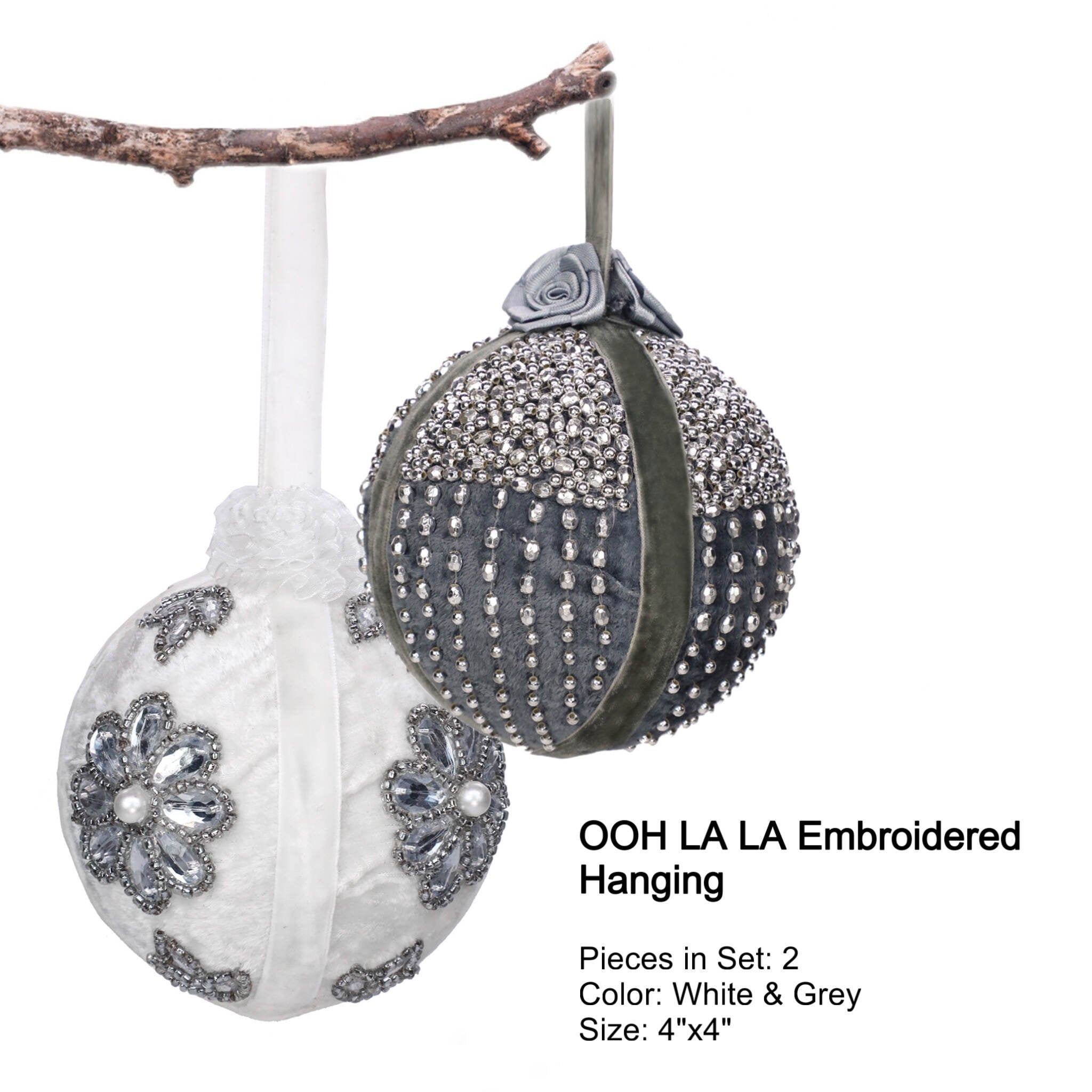 OOH LA LA Beaded Christmas Hanging in White & Grey, Set of 2