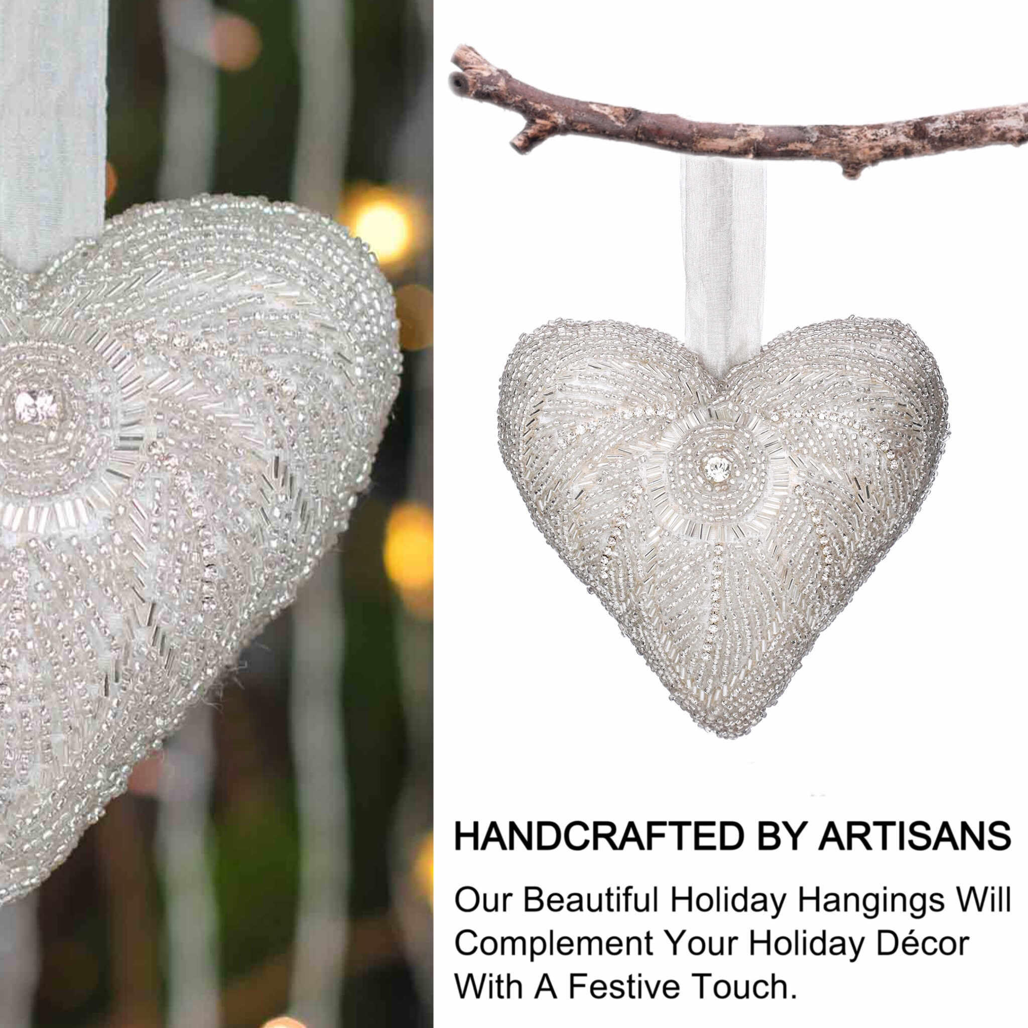 Felt Star Heart Christmas Ornament in Silver, Set of 2