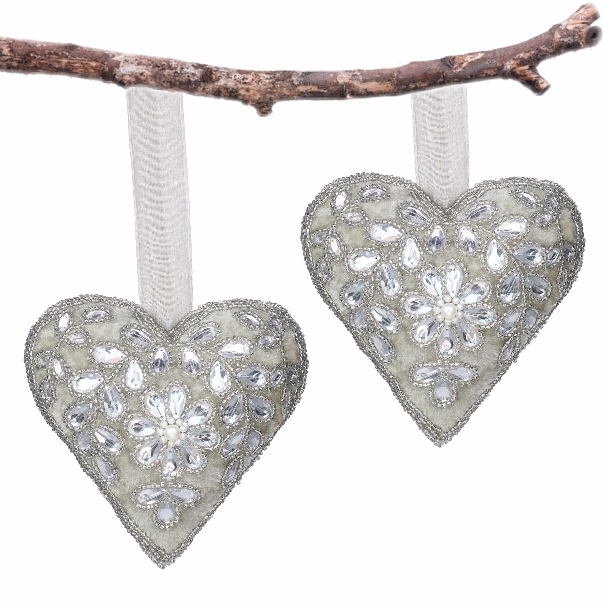 #LOVE Bead Embroidered Heart Ornament in Lt. Grey, Set of 2