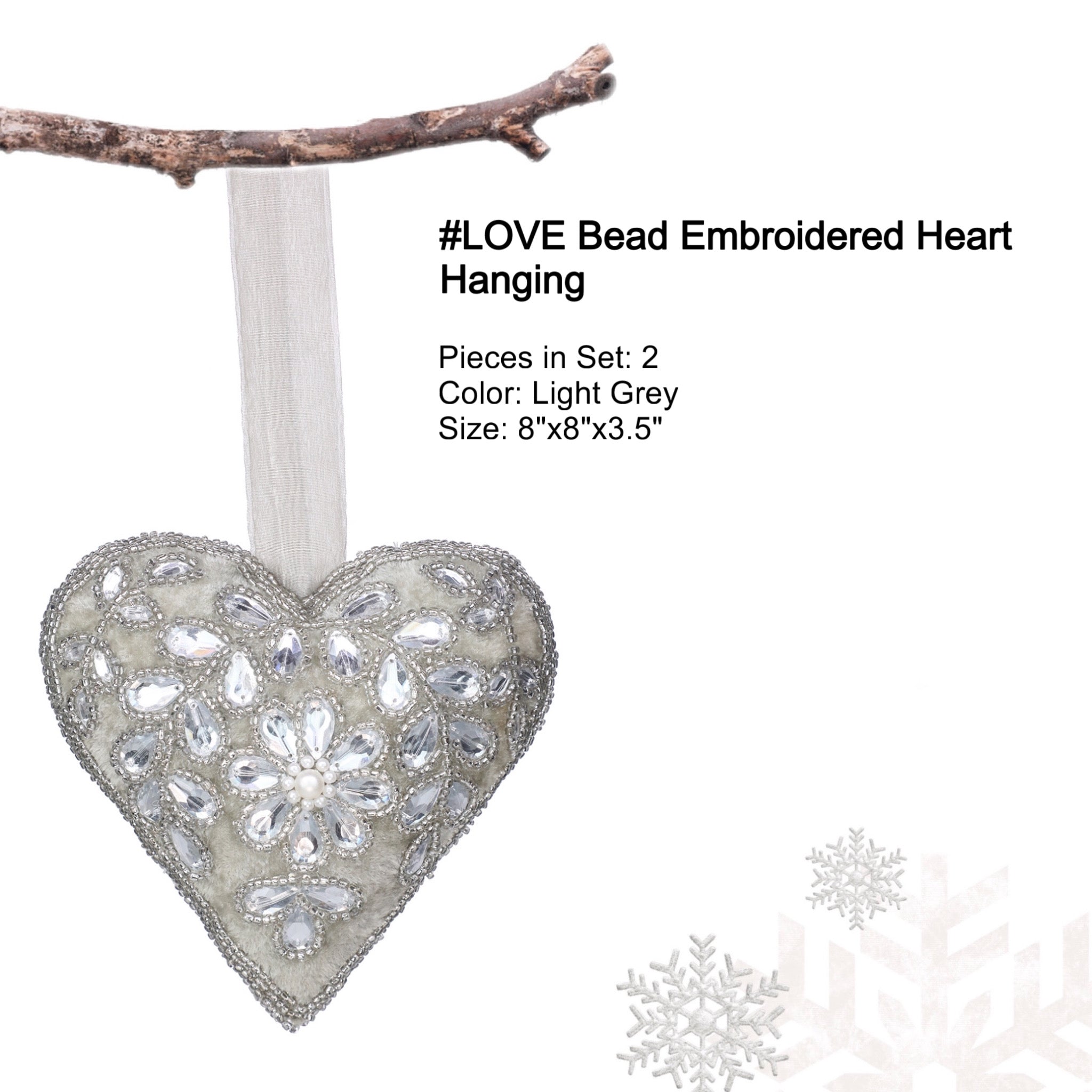 #LOVE Bead Embroidered Heart Ornament in Lt. Grey, Set of 2