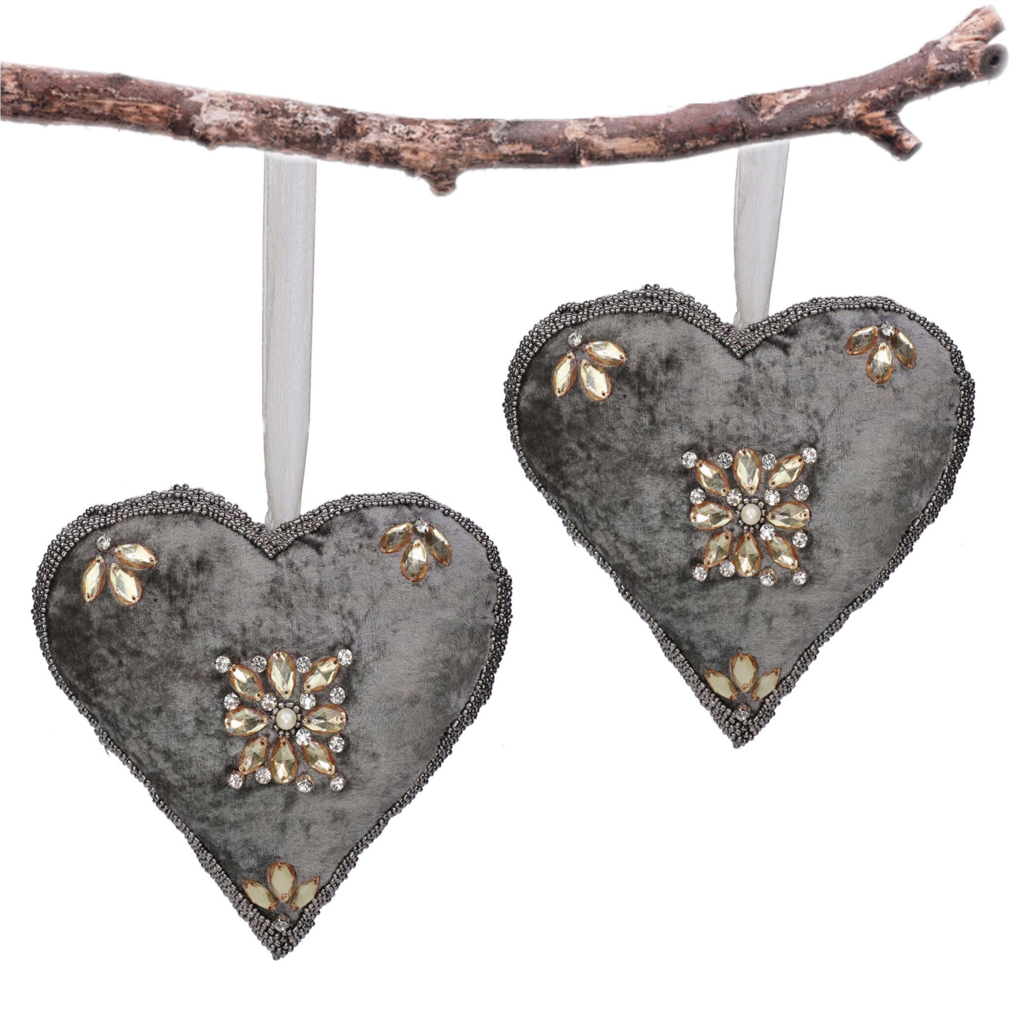 #LOVE Bead Embroidered Heart Ornament in Grey, Set of 2