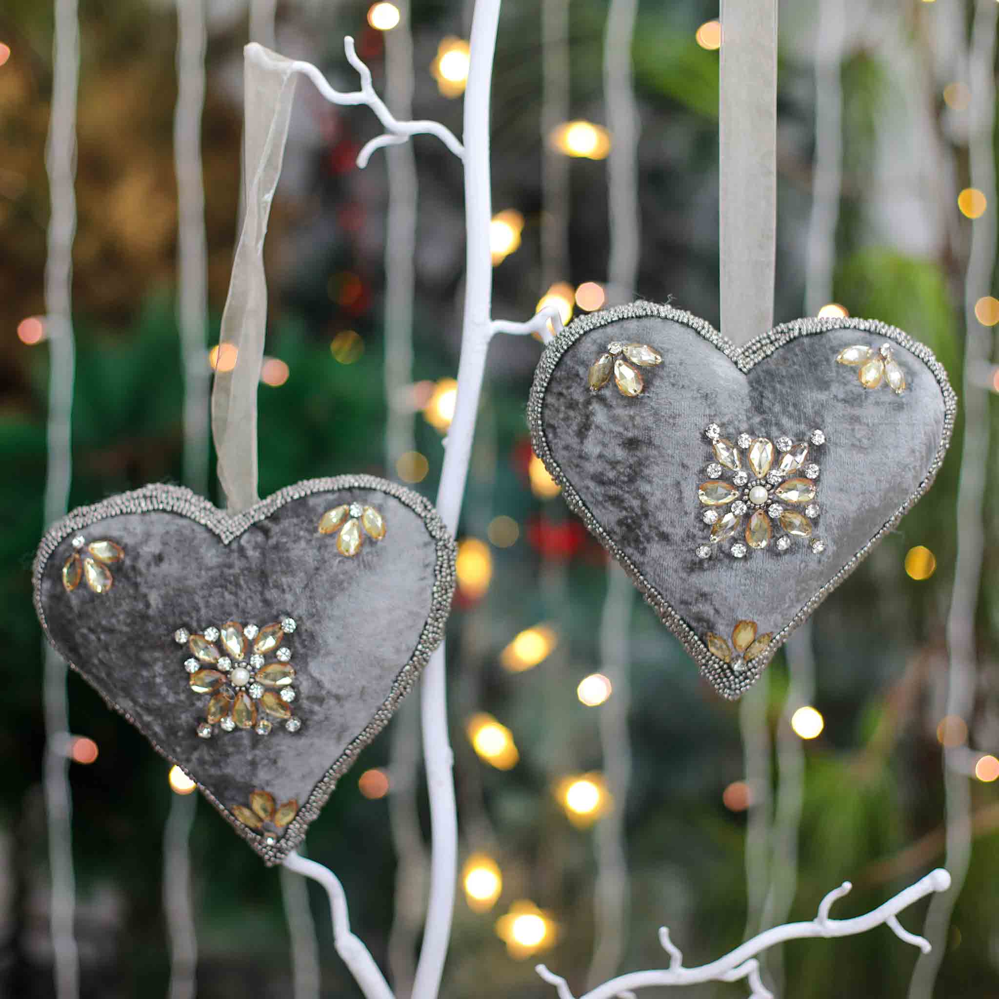 #LOVE Bead Embroidered Heart Hanging in Grey, Set of 2