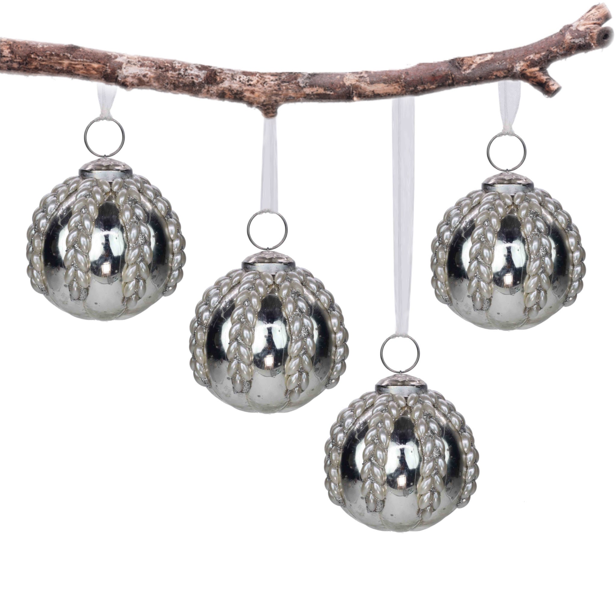 Timeless Christmas Tree Ornament in Silver & Cream, Set of 4