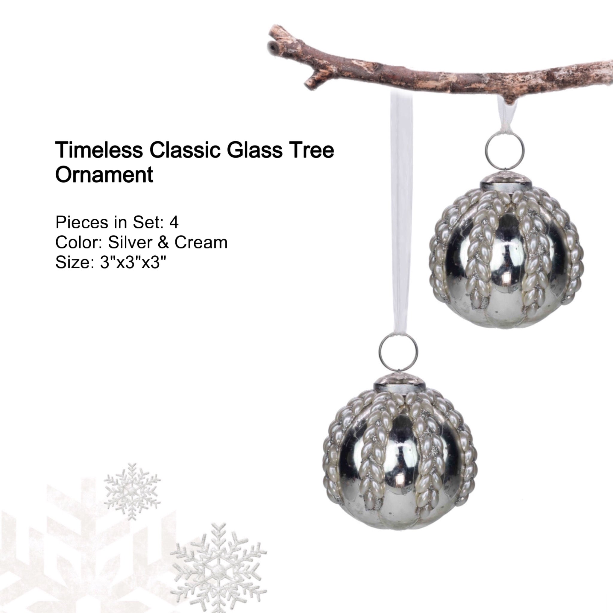 Timeless Christmas Tree Ornament in Silver & Cream, Set of 4