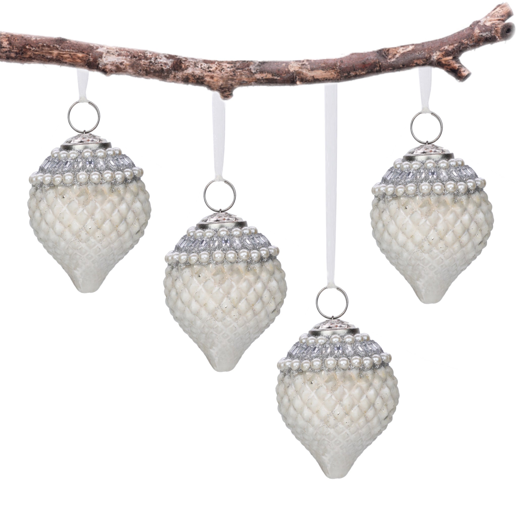 Timeless Christmas Tree Ornament in White & Silver, Set of 4