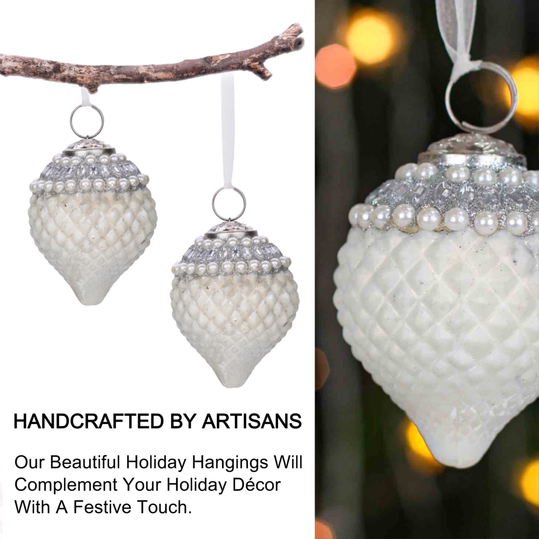 Timeless Christmas Tree Ornament in White & Silver, Set of 4