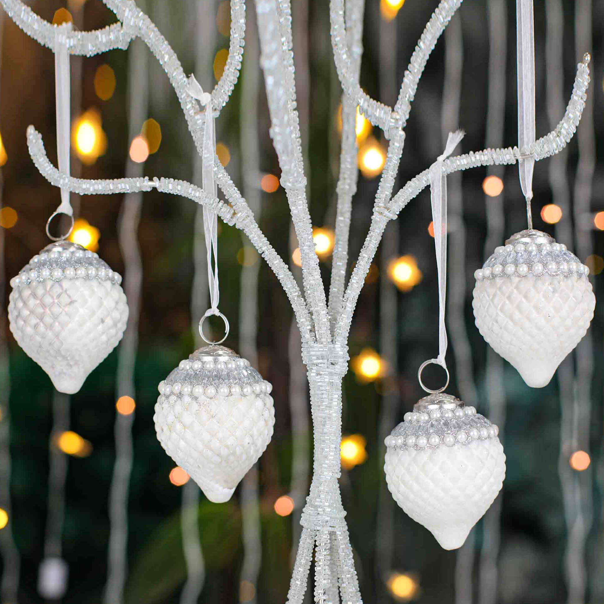 Timeless Christmas Tree Ornament in White & Silver, Set of 4