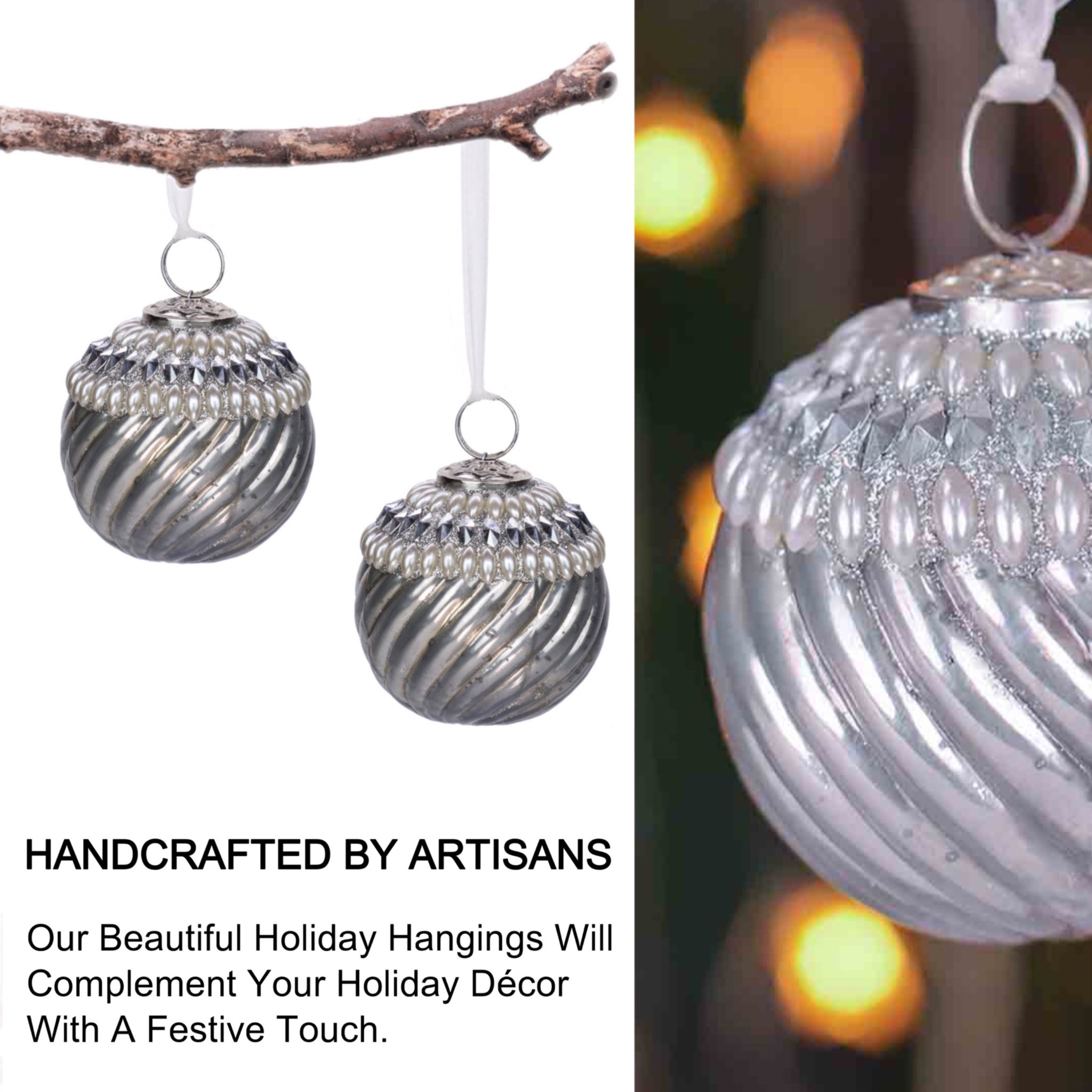 Timeless Christmas Tree Ornament in Cream & Silver, Set of 4